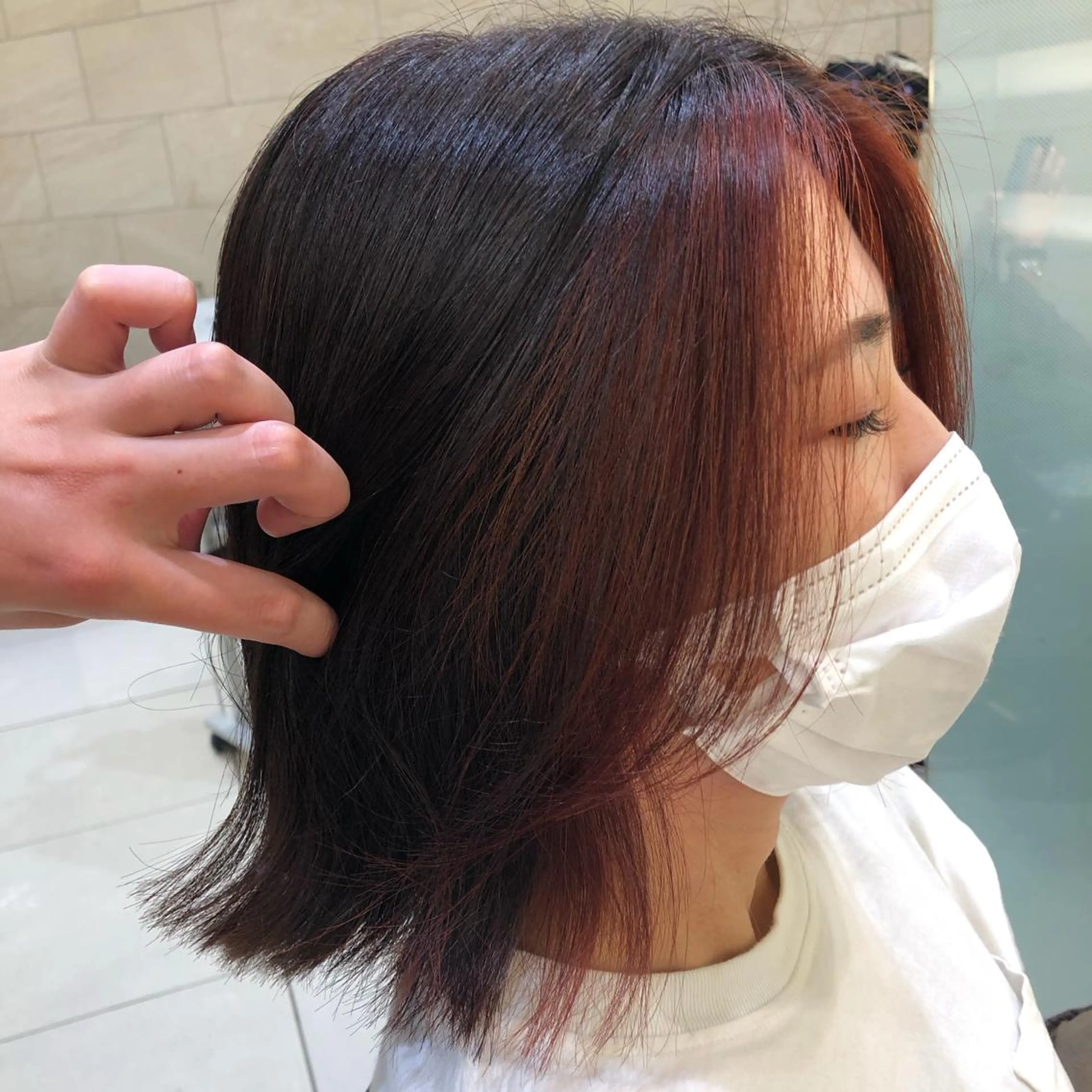 ミディアム カラー ミストバング  フェイスフレーミング プレイングカラー🤍 細めハイライトのヘアスタイル