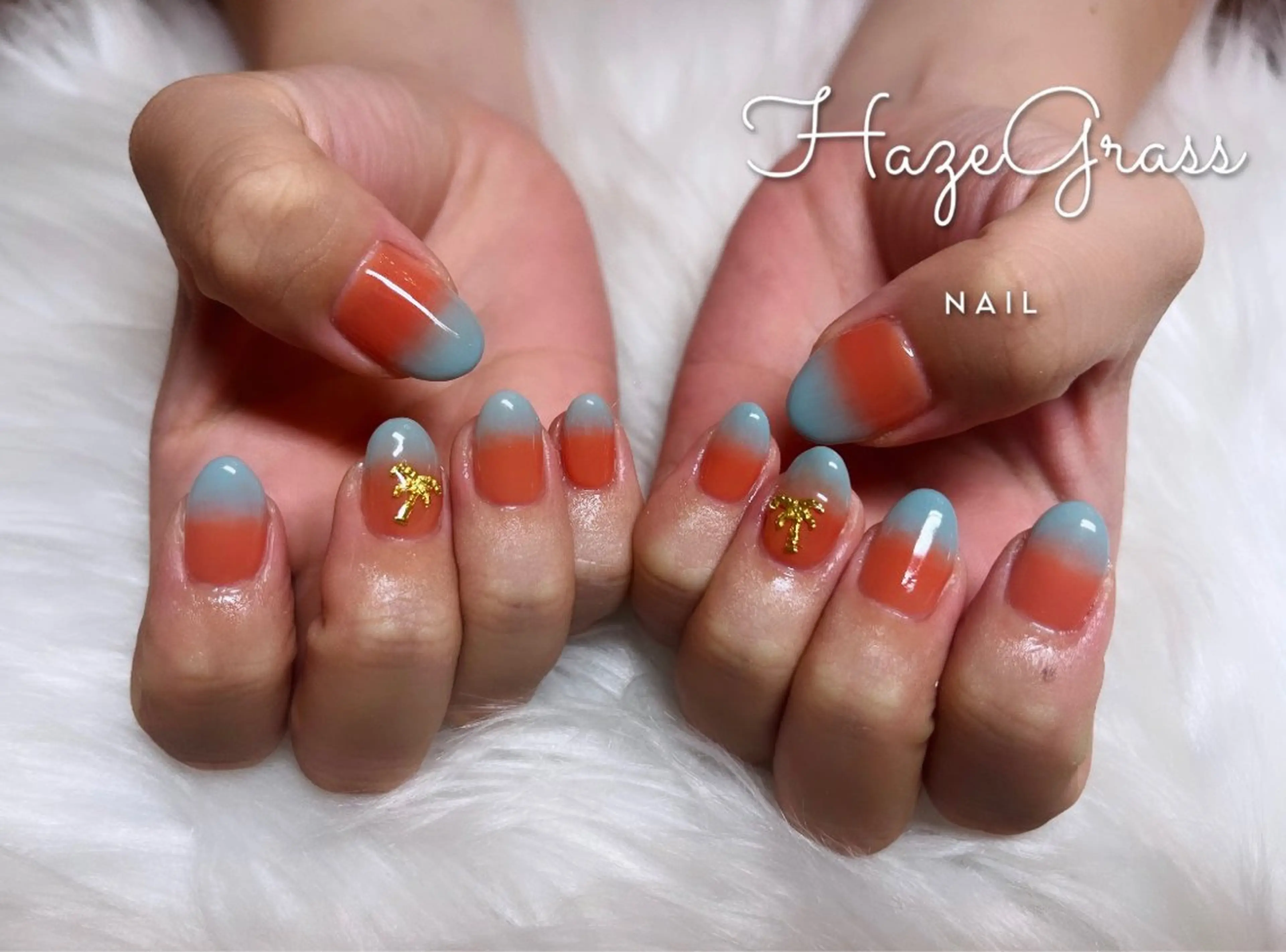 ネイル ブルー グラデーション オレンジ HazeGrass NAILのネイルデザイン