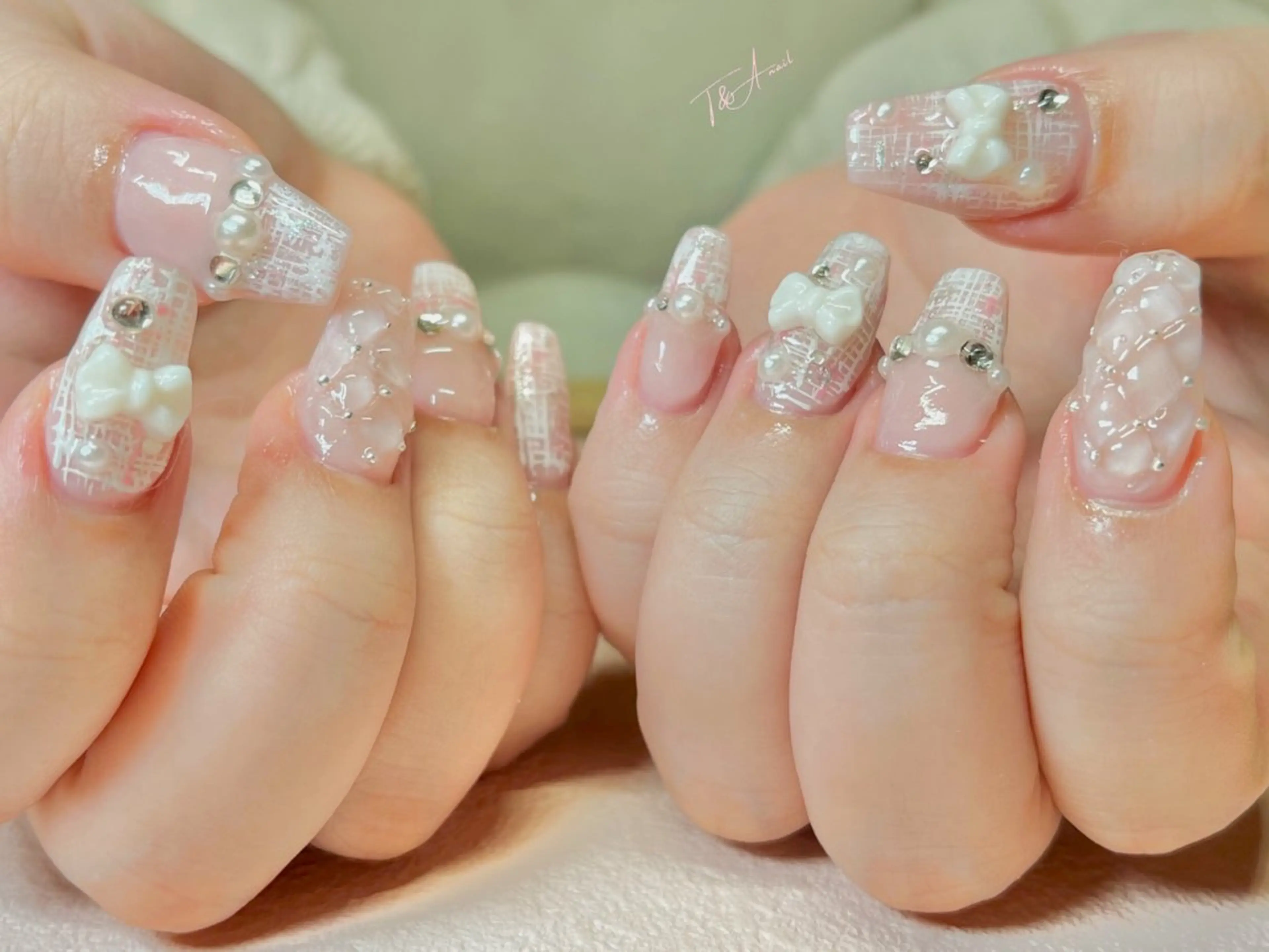 ネイル 長さ出し ジェルネイル リボン スカルプネイル ツイードネイル ハンドネイル T&A nailのネイルデザイン