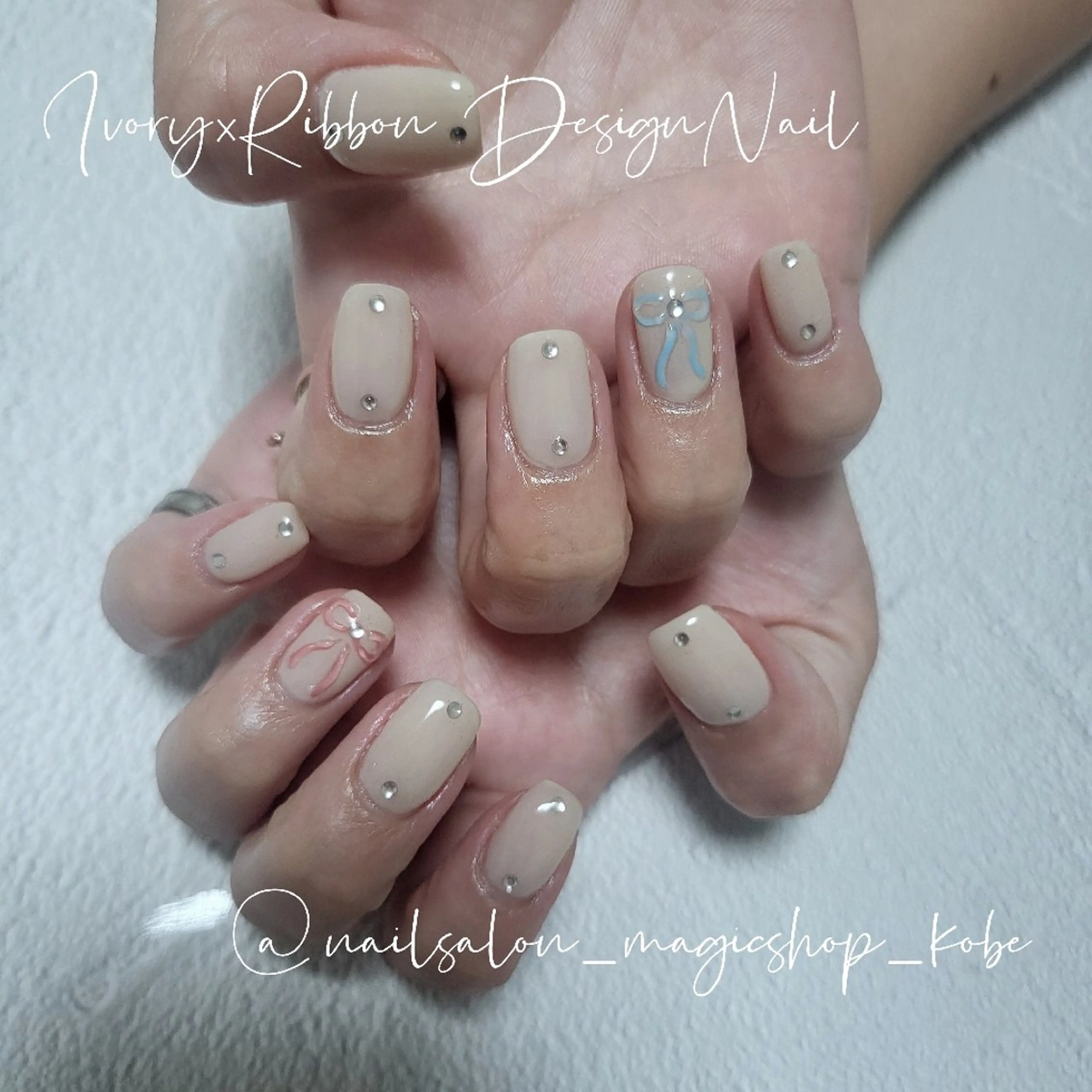 ネイル ブルー ジェルネイル ピンク リボン シンプルネイル ハンドネイル Nailsalon MagicShopのネイルデザイン