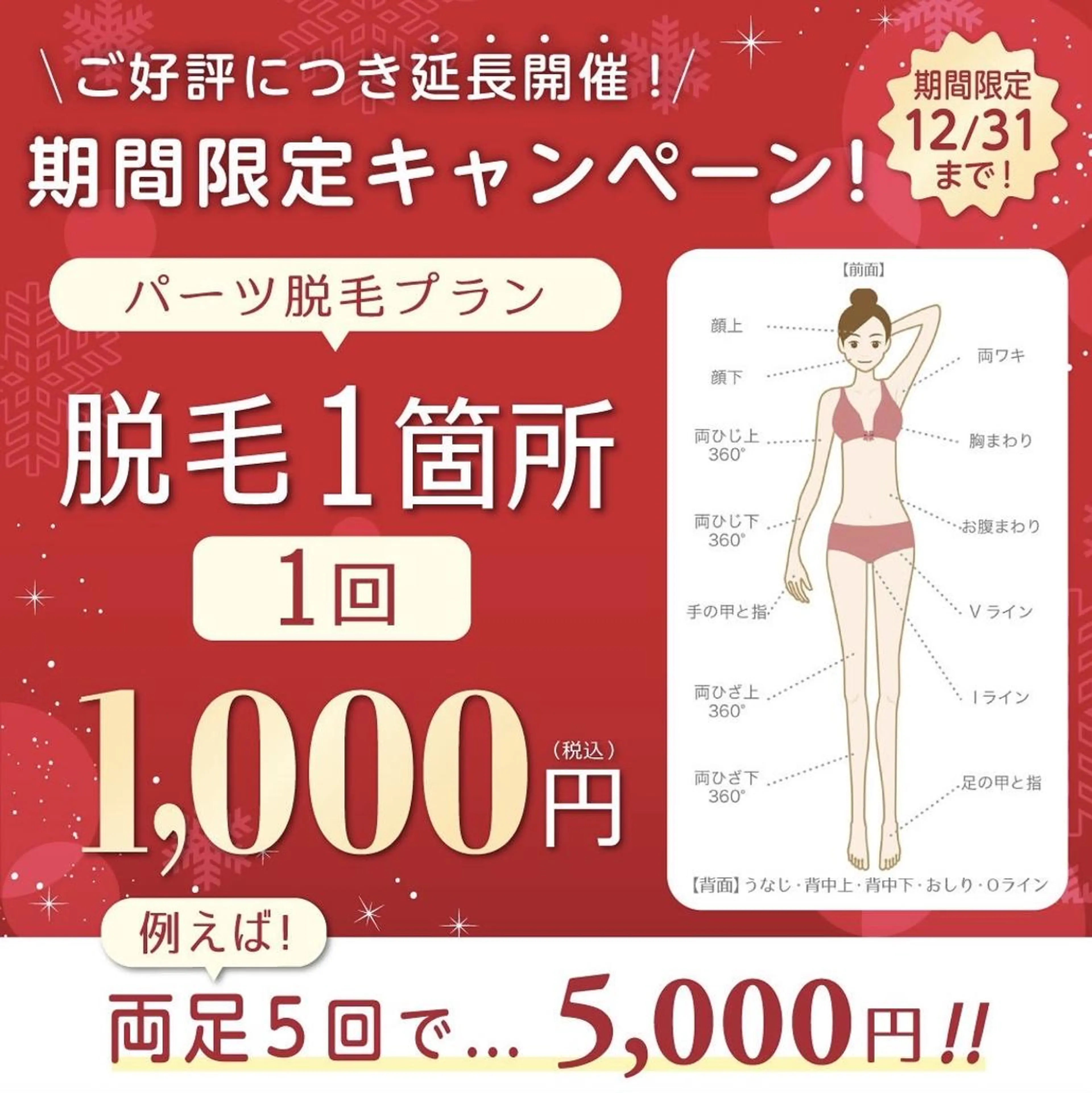 【12月限定】パーツ脱毛プラン1回1,000円の写真