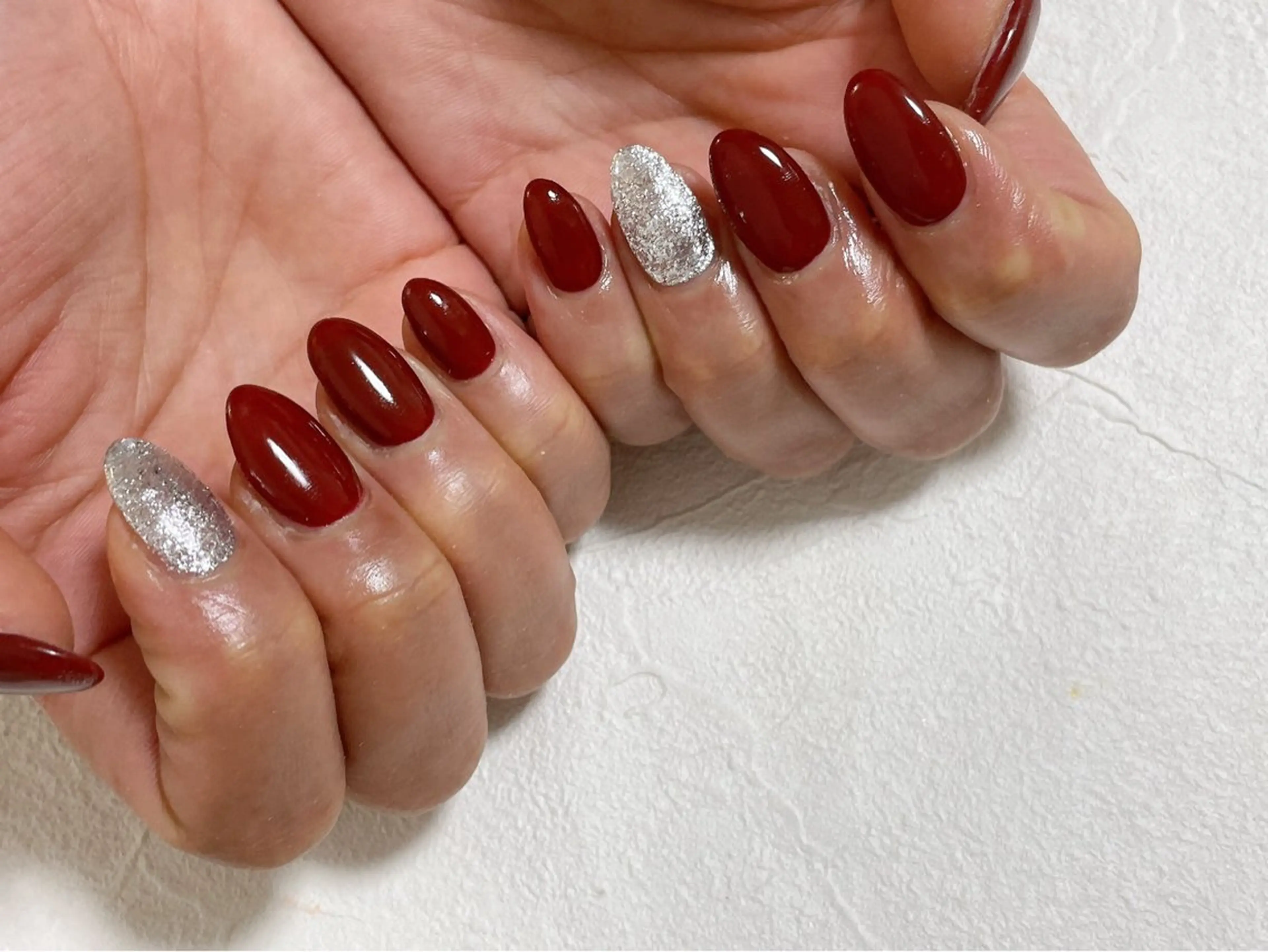 ネイル オーロラネイル ボルドー 入学式 フットネイル フレンチネイル ハンドネイル Mogu nail 二子玉川のネイルデザイン