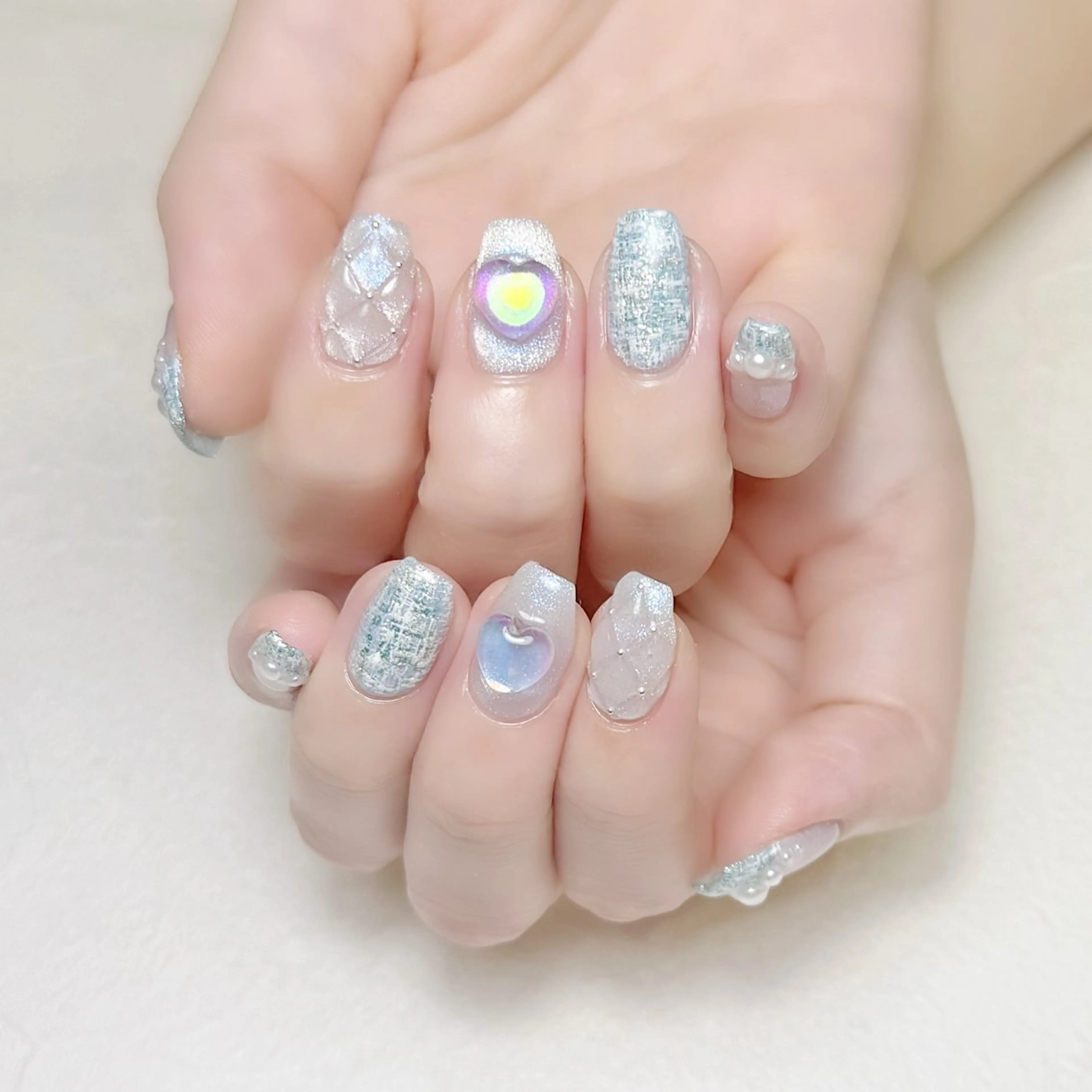 ネイル ブルー フレンチネイル マグネットネイル ツイードネイル ワンホンネイル rouse nail RISATOのネイルデザイン