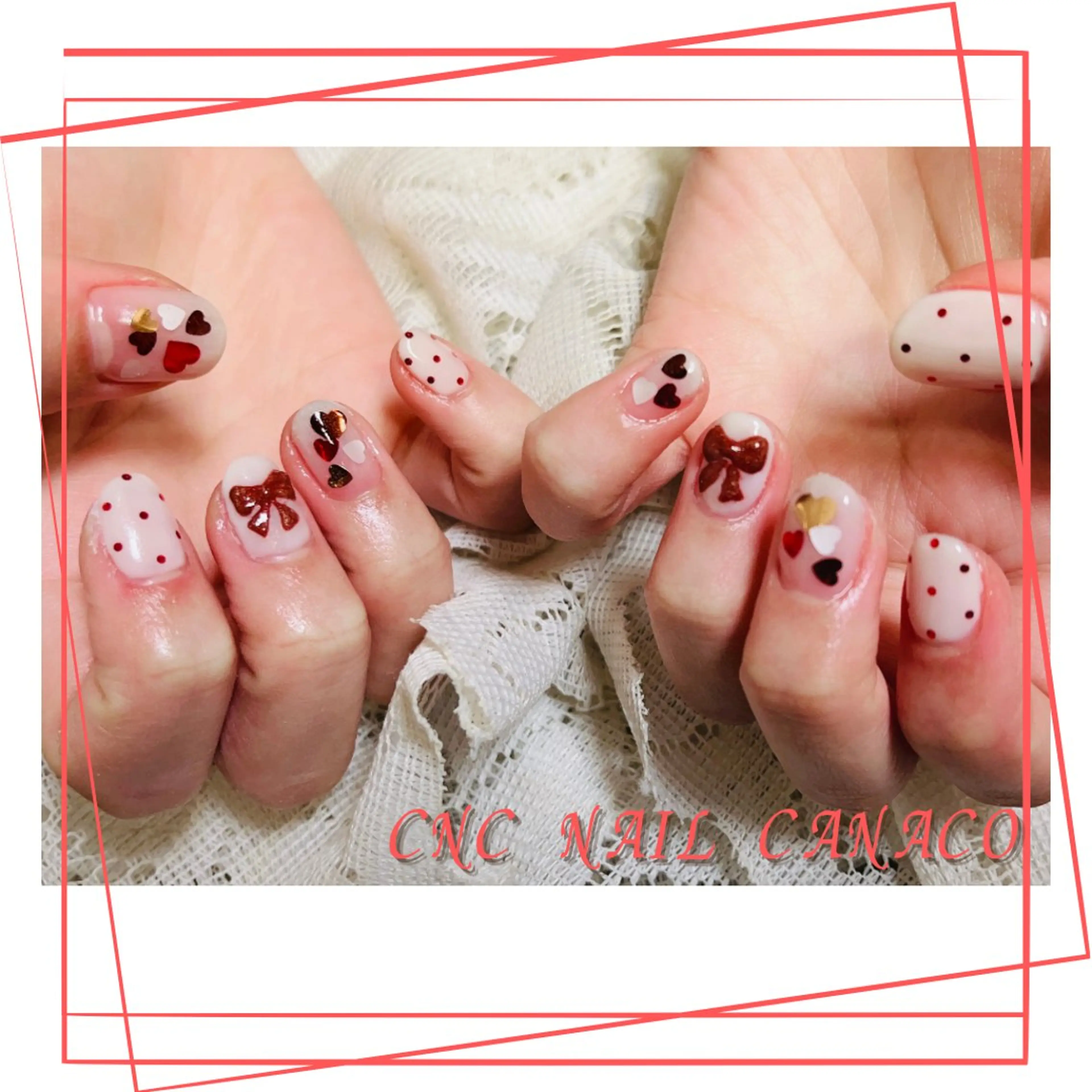 ネイル アートネイル ガーリー ハート 持ち込み ストーンネイル ハンドネイル ハンドケア Felice所属・ベテランネイル cnc  nailのネイルデザイン