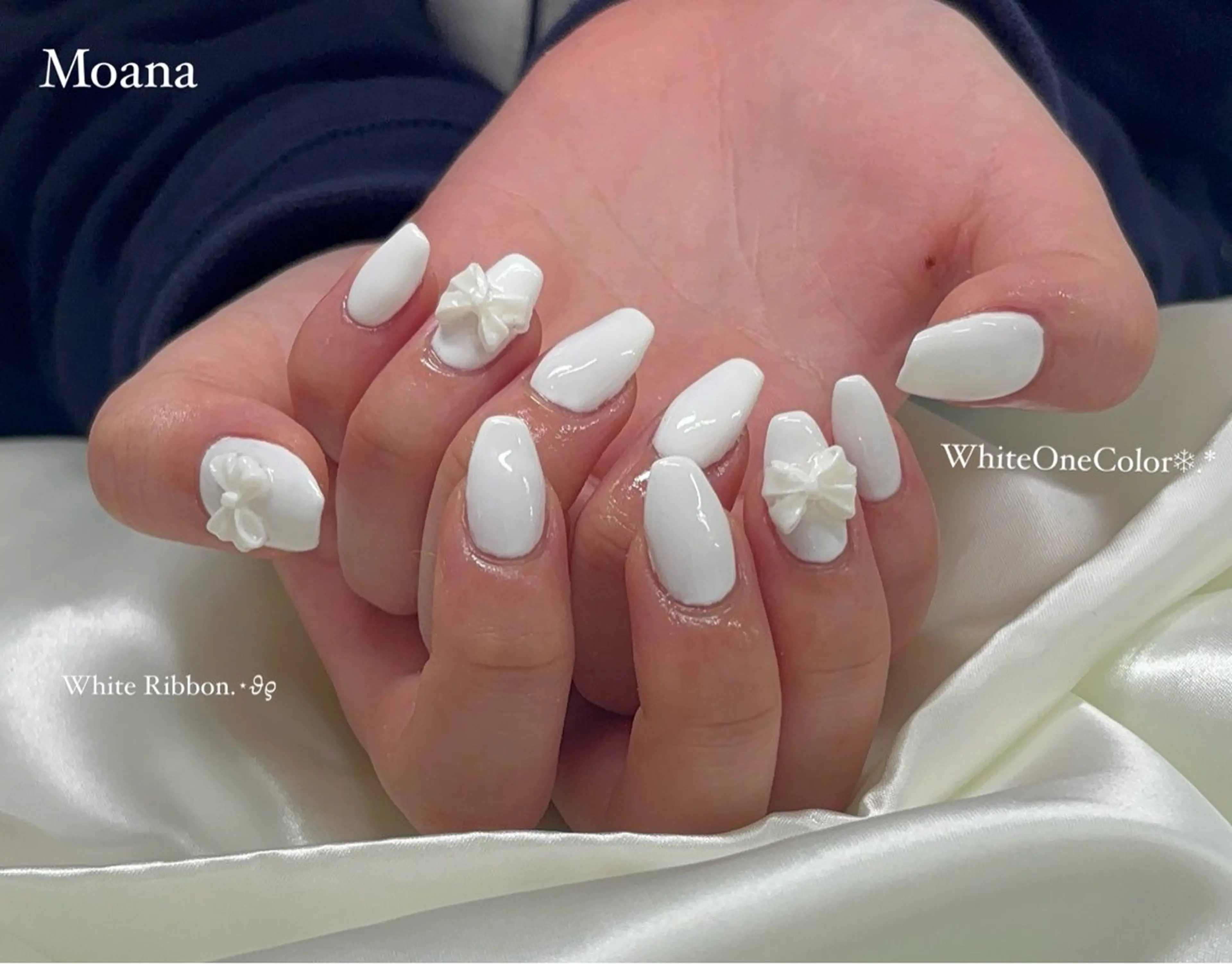 ネイル ワンカラーネイル リボン ホワイト Moana nail Hiyoriのネイルデザイン