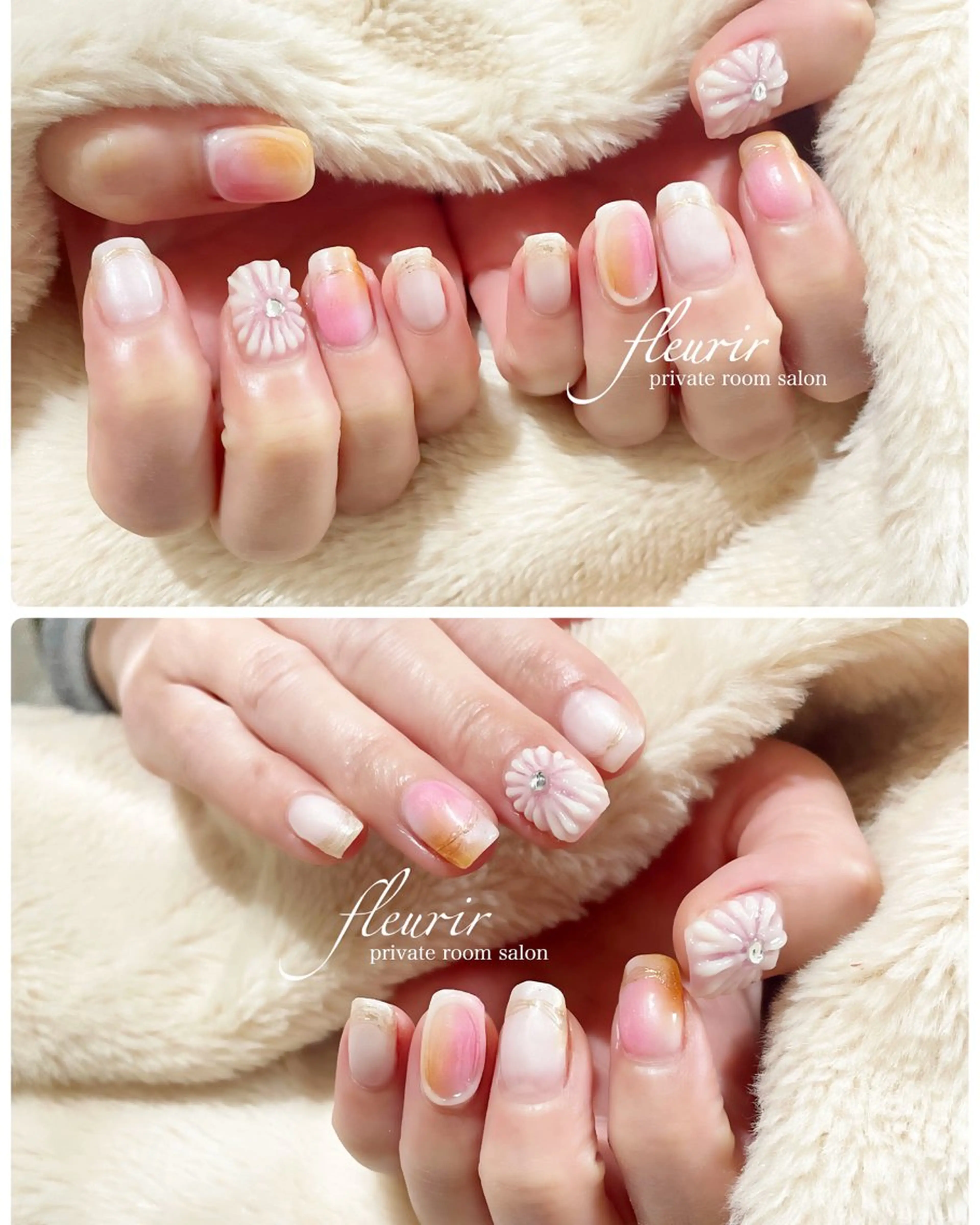 ネイル アートネイル フラワーネイル ゴールド ミラーネイル ホワイト フルリール 【プライベートサロンのネイルデザイン