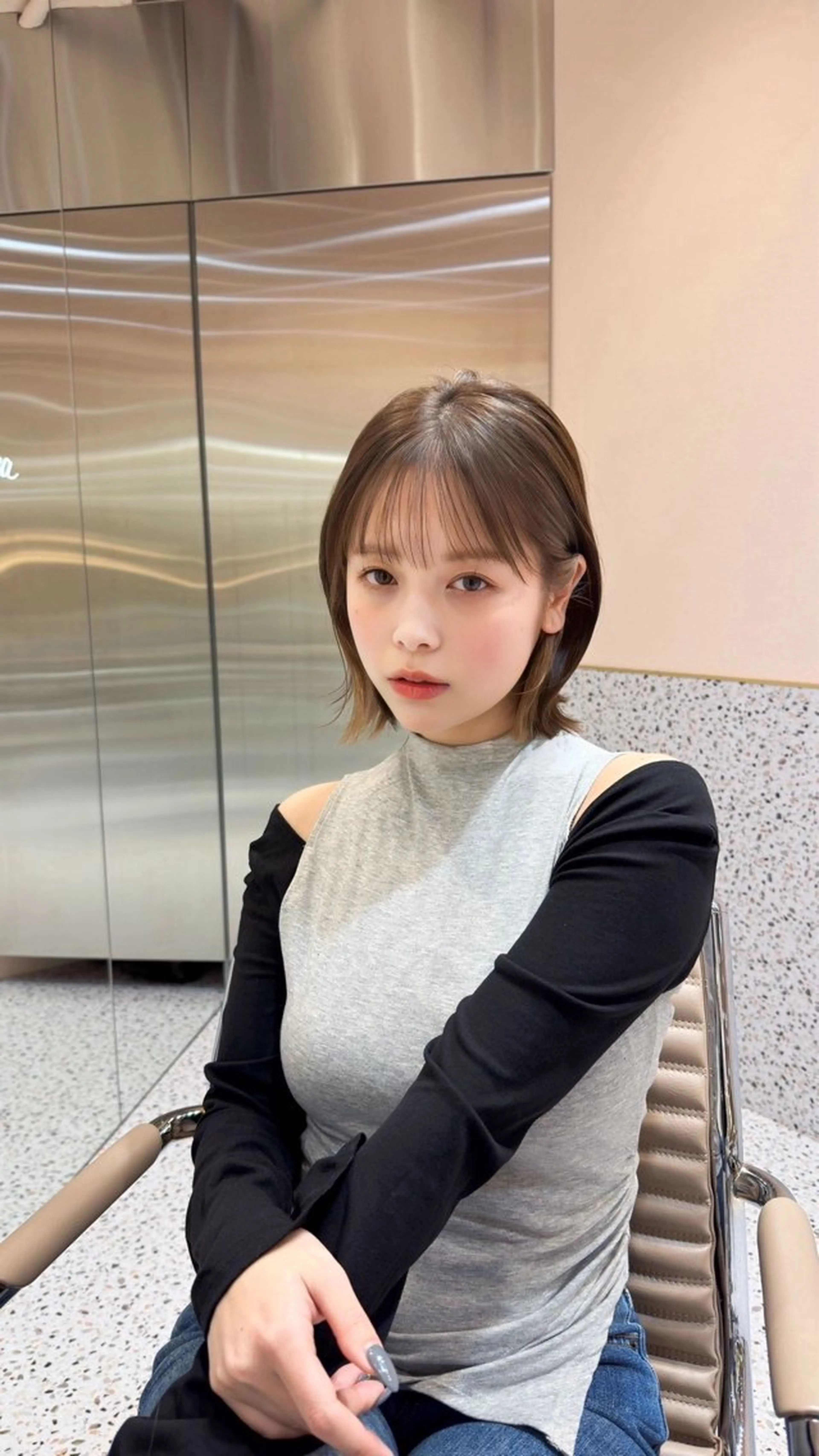 ミディアム 切りっぱなしボブ ボブ シースルーバング カット ヘアカラー トリートメント ヘアセット 新宿/韓国レイヤー/ 顔周りカット松本美晴のヘアスタイル