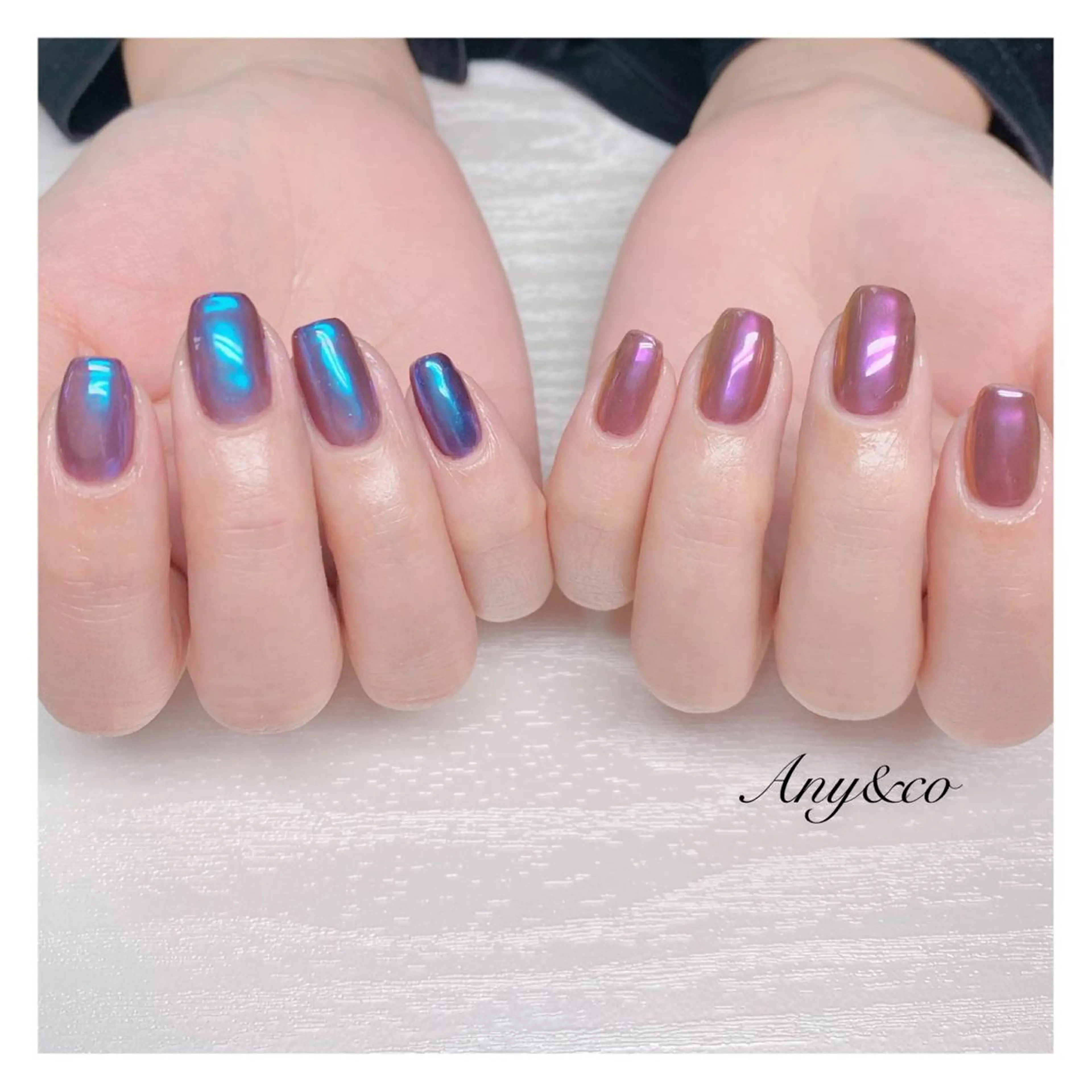 ネイル オーロラネイル ブルー パープル ハンドネイル Any&co 【エニコ】のマツエク・マツパデザイン