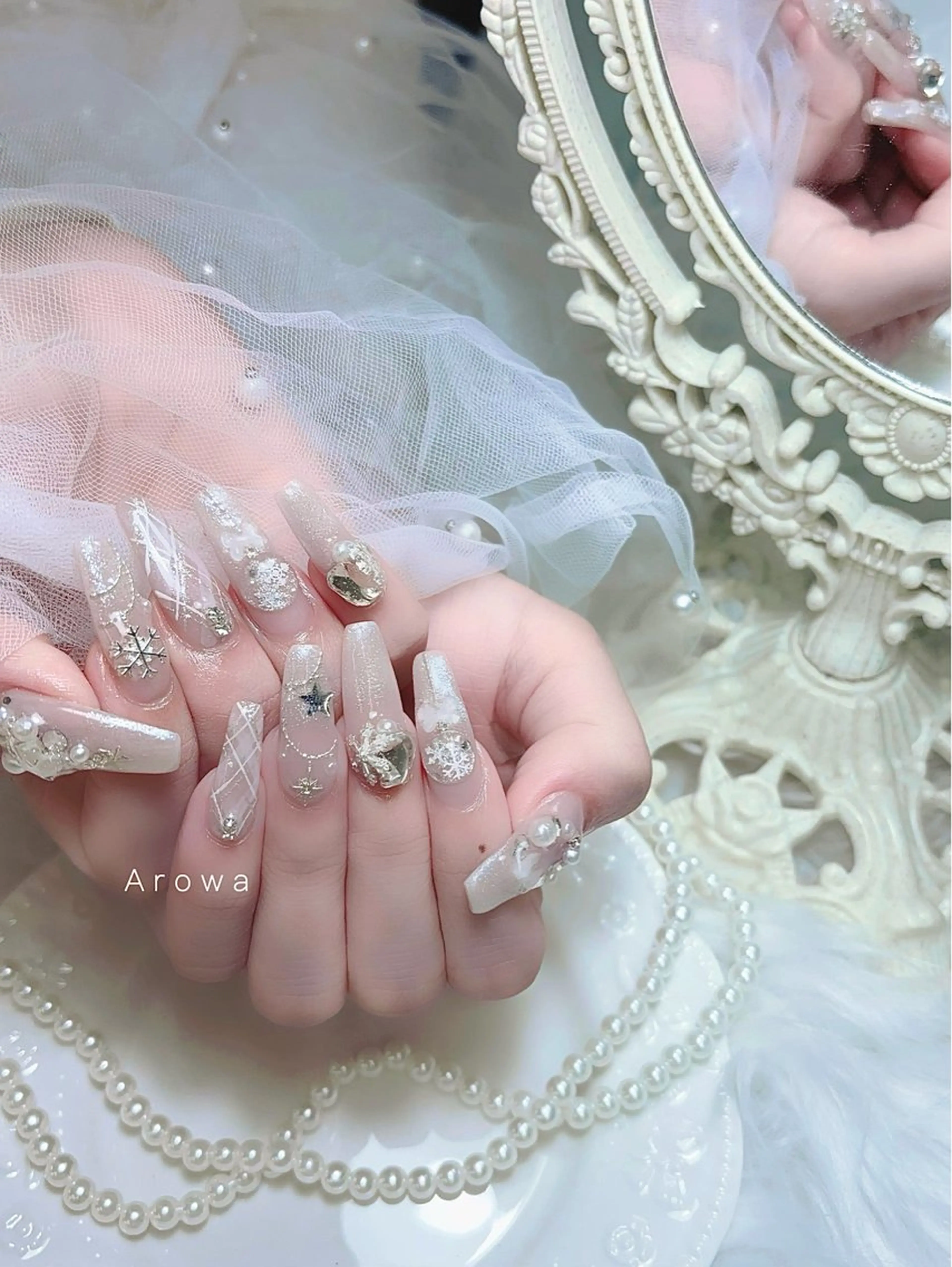 ネイル ガーリー 持ち込み 冬ネイル ハンドネイル Arowa 伊田のネイルデザイン