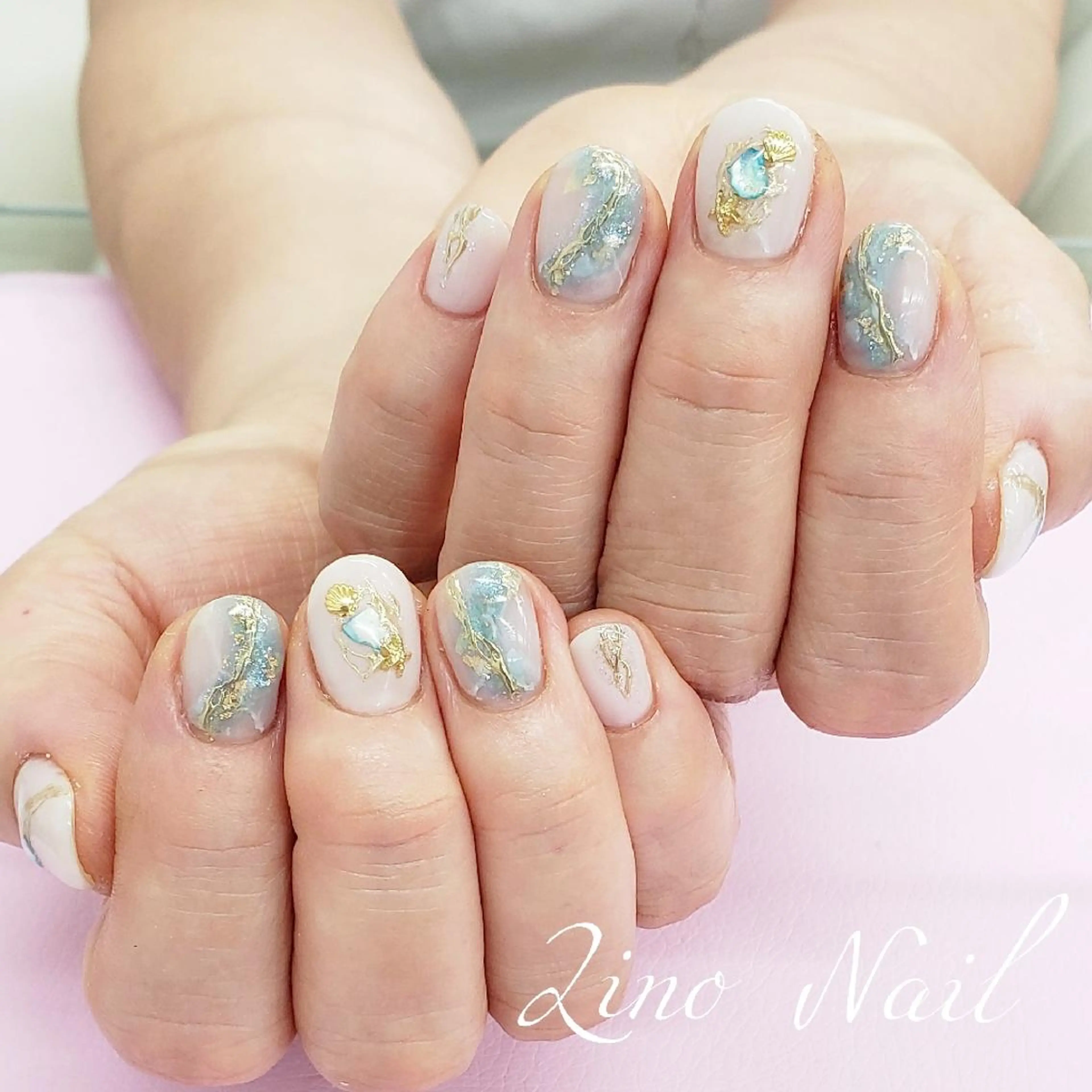 ネイル ブルー カジュアル ジェルネイル 大理石ネイル(マーブル) ミラーネイル ハンドネイル Lino Nailのネイルデザイン