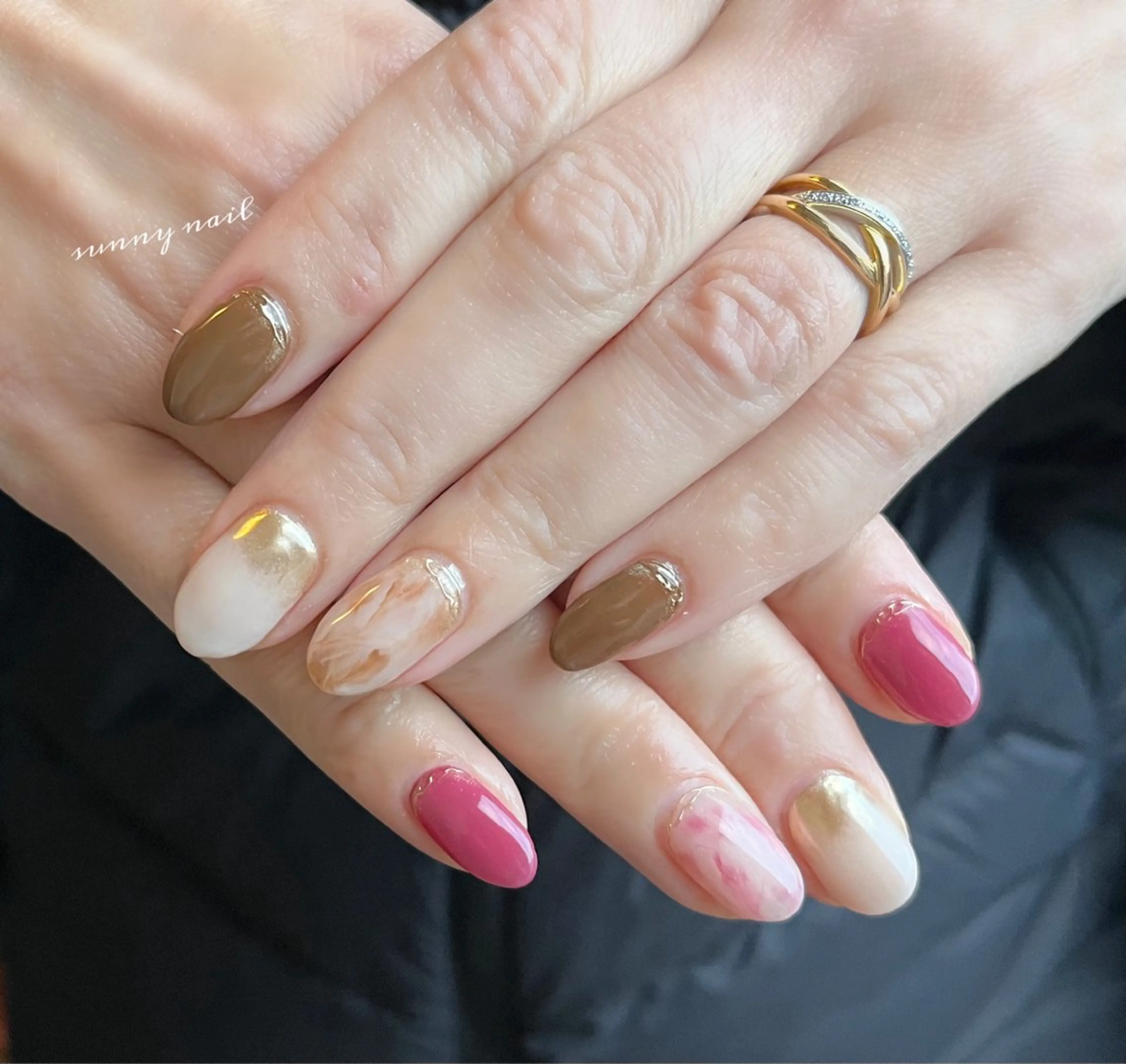 ネイル ブラウン 大理石ネイル(マーブル) ミラーネイル ピンク sunny nailのネイルデザイン