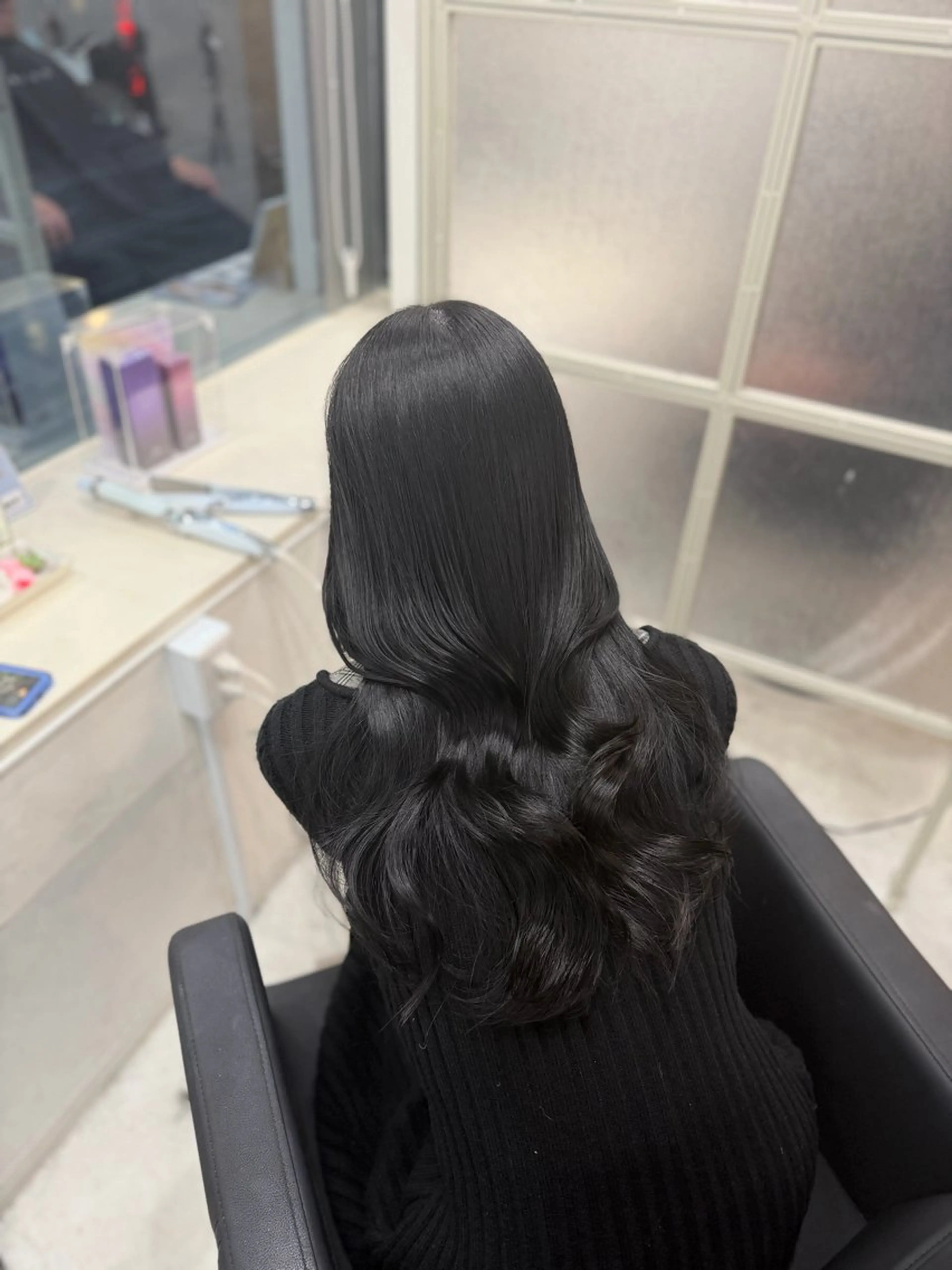 ロング カラー 黒髪 ネイビーカラー 髪質改善 ヘアカラー 縮毛矯正 トリートメント 韓国ヘア/髪質改善 /natsuki🧸のヘアスタイル