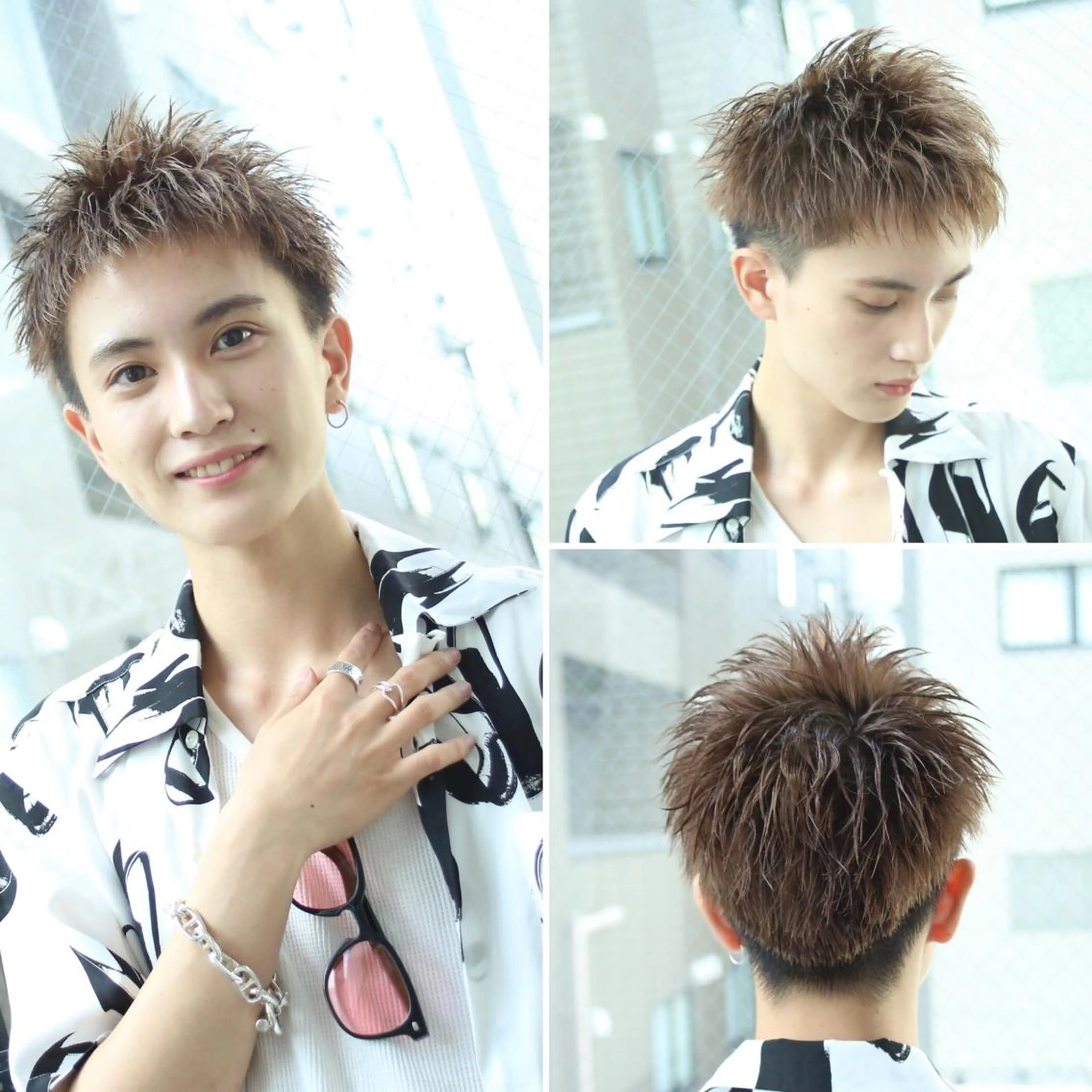ショート カラー パーマ ヘアアレンジ メンズ アイブロウ アップバング メンズブリーチ センターパート ダウンパーマ フェードカット カット トリートメント ヘアセット 【メンズヘアの匠】 タニのヘアスタイル