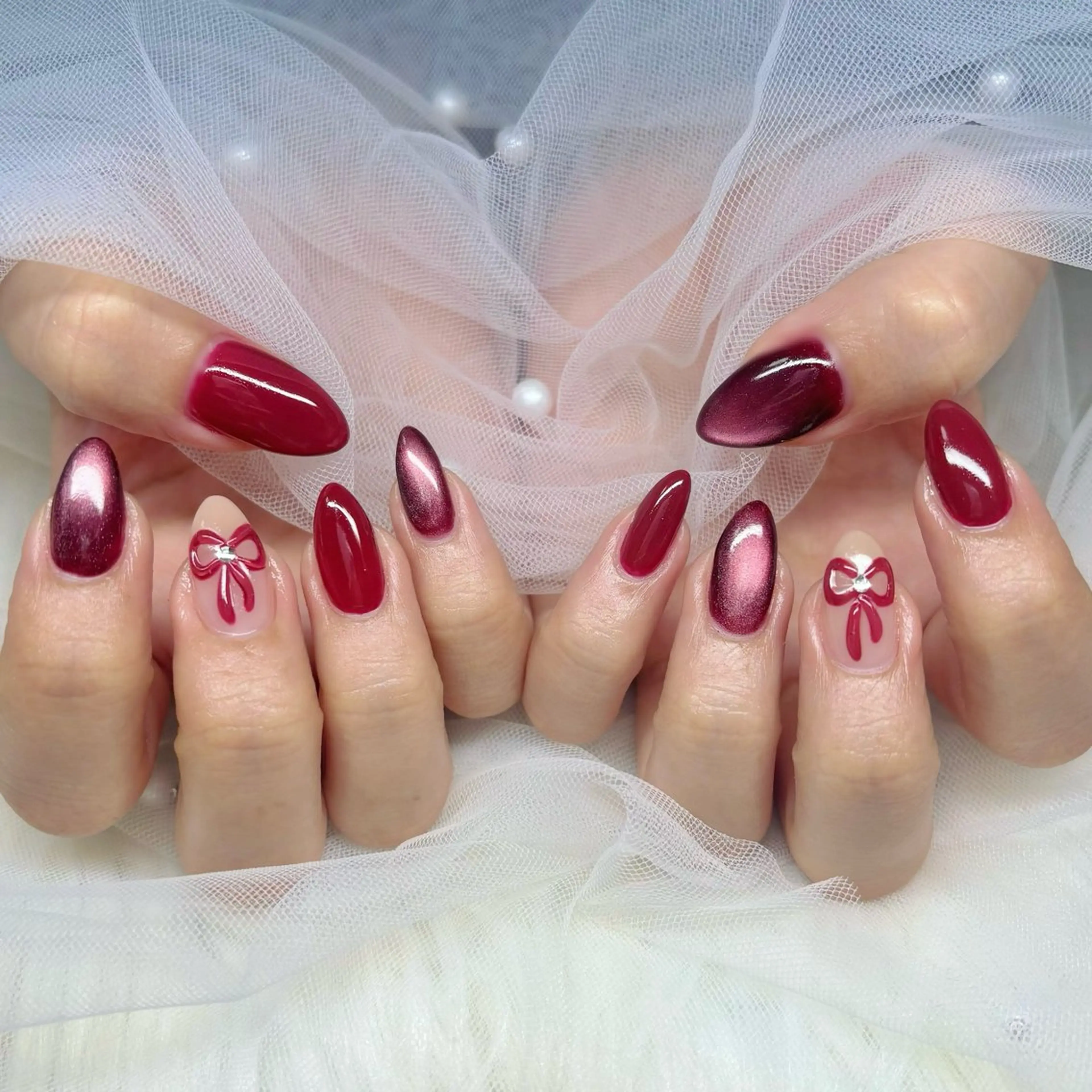 ネイル リボン ハンドネイル Yuna🩵 RE:N.Nailのネイルデザイン