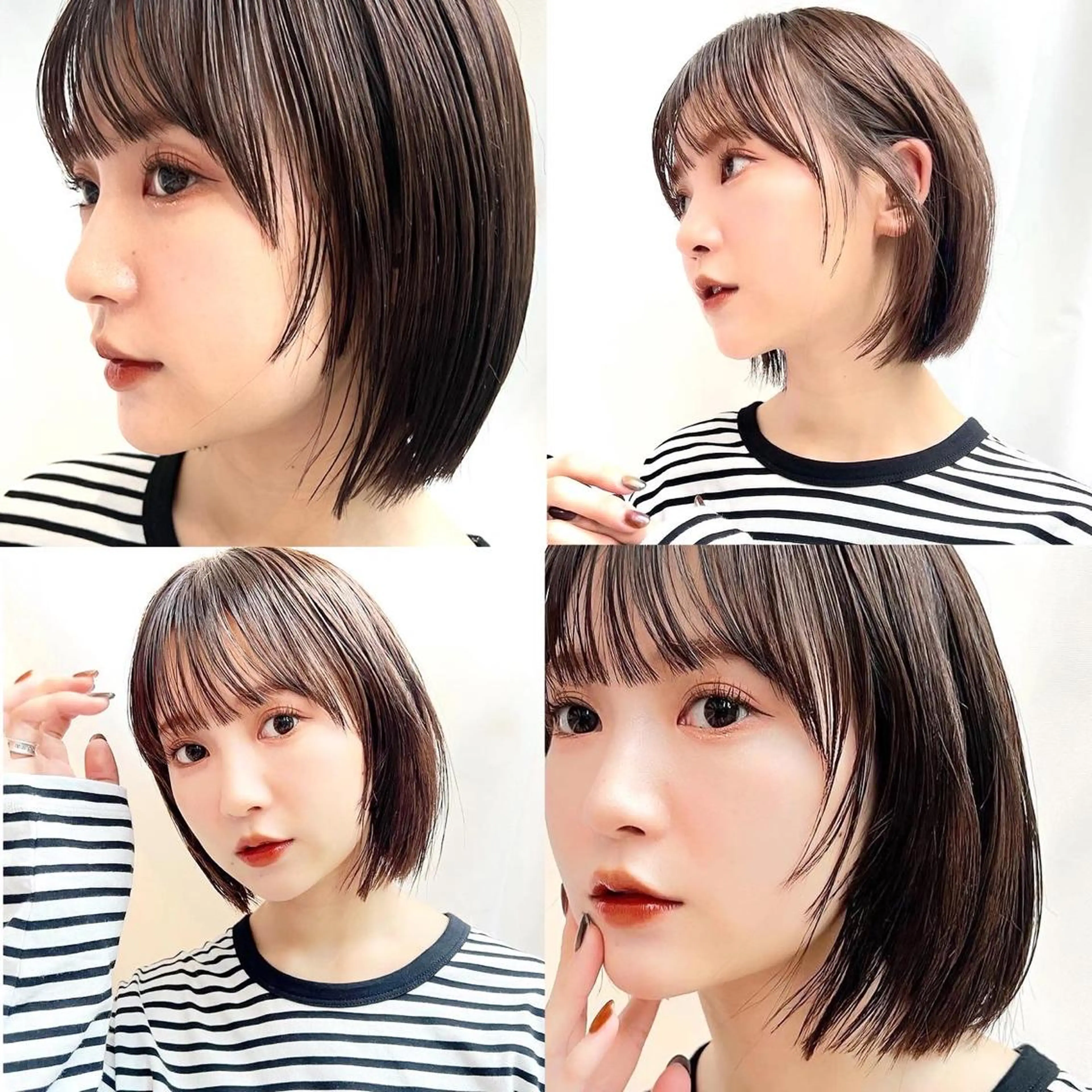 ショート カラー 切りっぱなしボブ 前下がりボブ ブリーチ グレージュ イルミナカラー カット ヘアカラー トリートメント ニュアンスレイヤー ハイトーンカラーのヘアスタイル