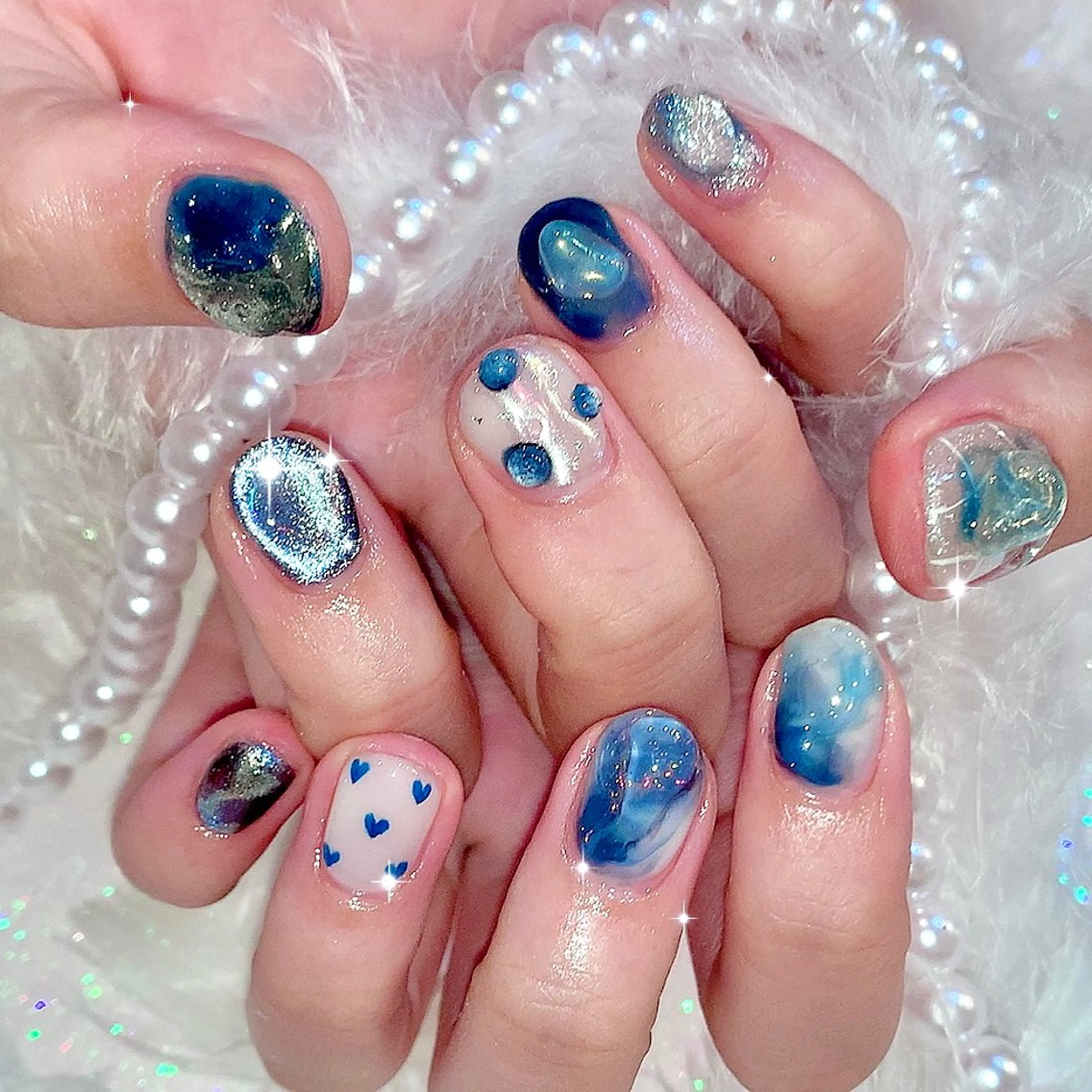 ネイル ブルー 氷ネイル・うるうるネイル キラキラネイル 韓国ネイル 持ち込み シェアサロンLei.g(レイジー)所属・3Dアートネイル💗 都築レナのネイルデザイン