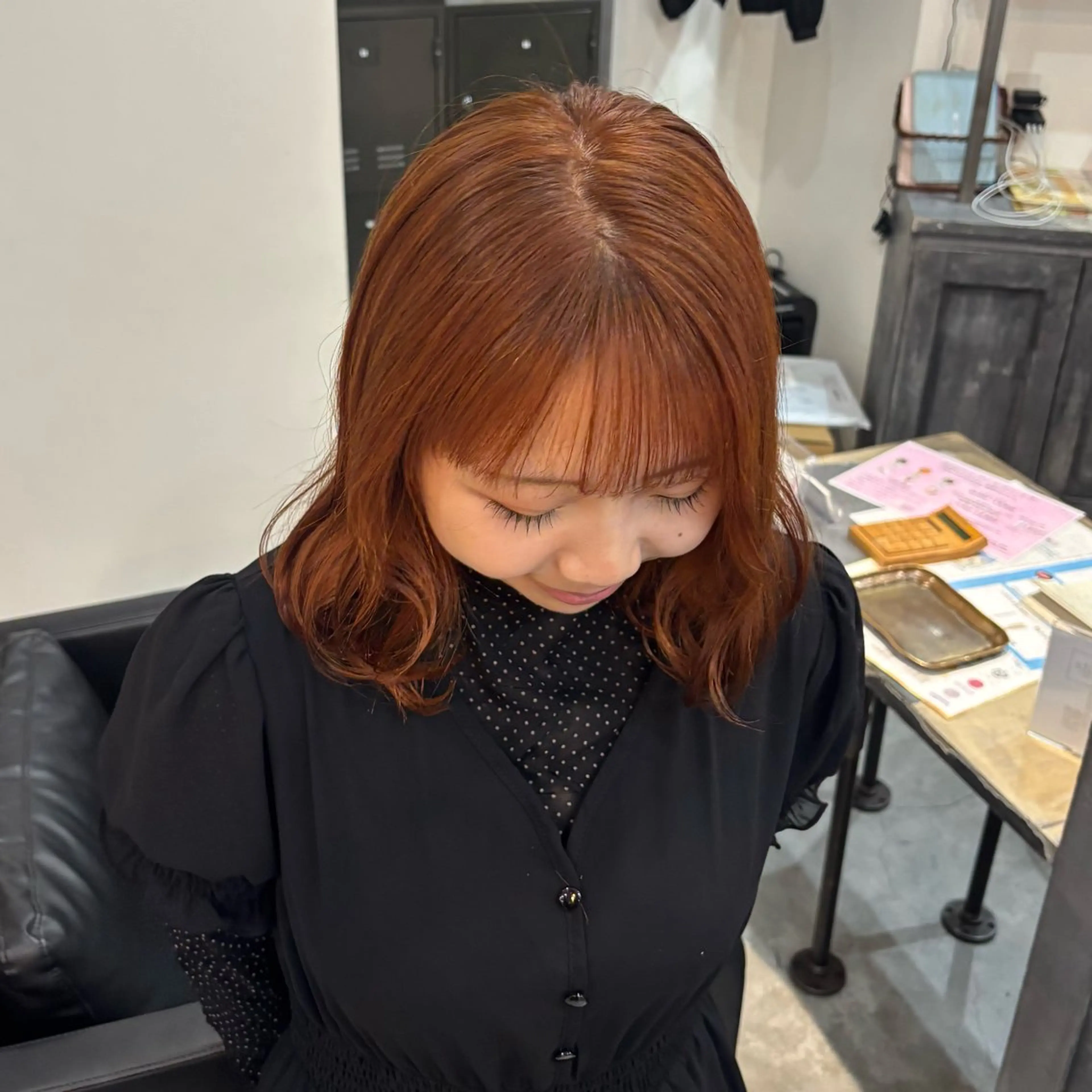 ミディアム カラー オレンジ カット ヘアカラー トリートメント ボブ/可愛いスタイル ⠀夢 空 🌼✨のヘアスタイル