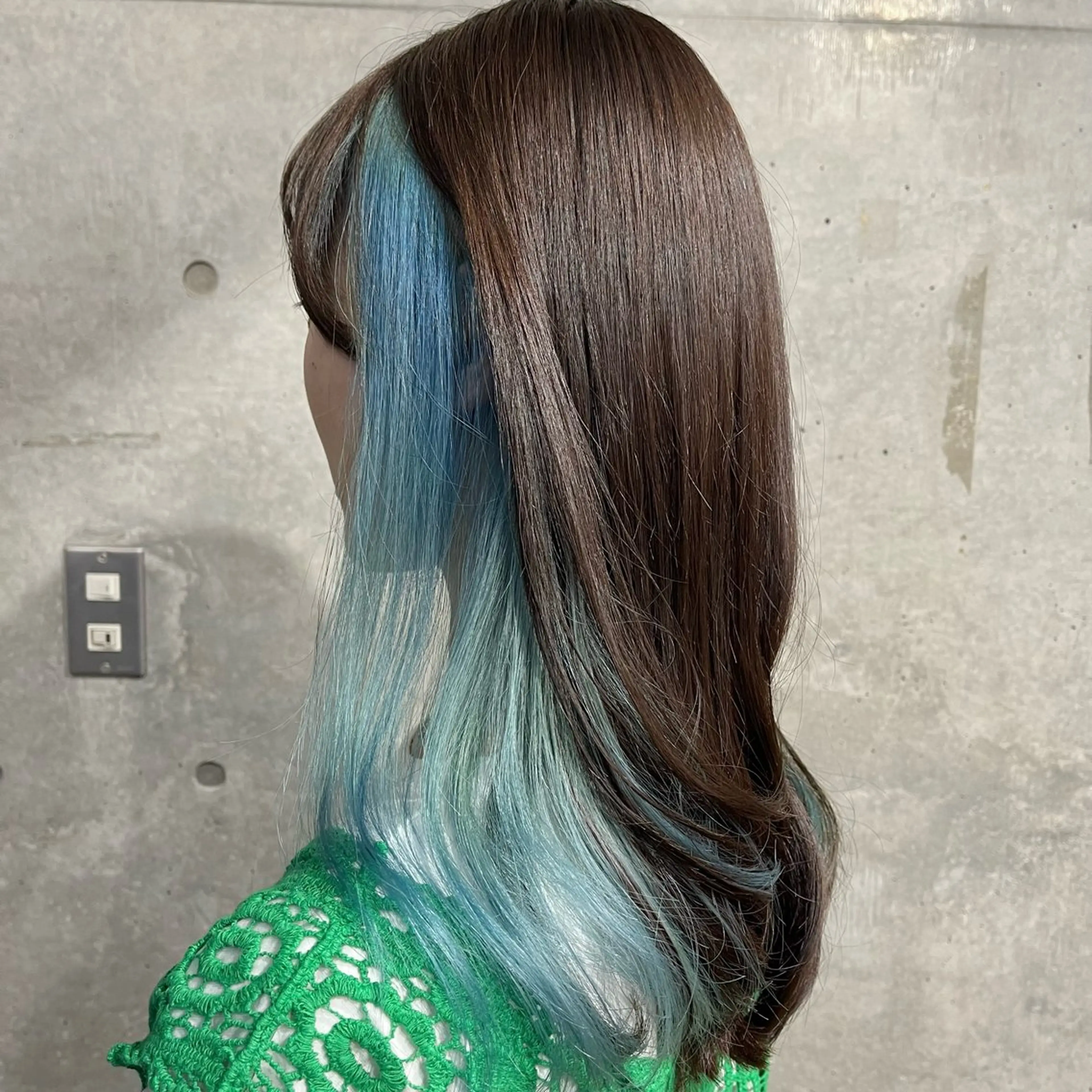 ロング カラー 黒髪 ブリーチ ブルーカラー ブルーブラック ケアブリーチ ヘアカラー 藤澤 夏実/インナーカラーのヘアスタイル