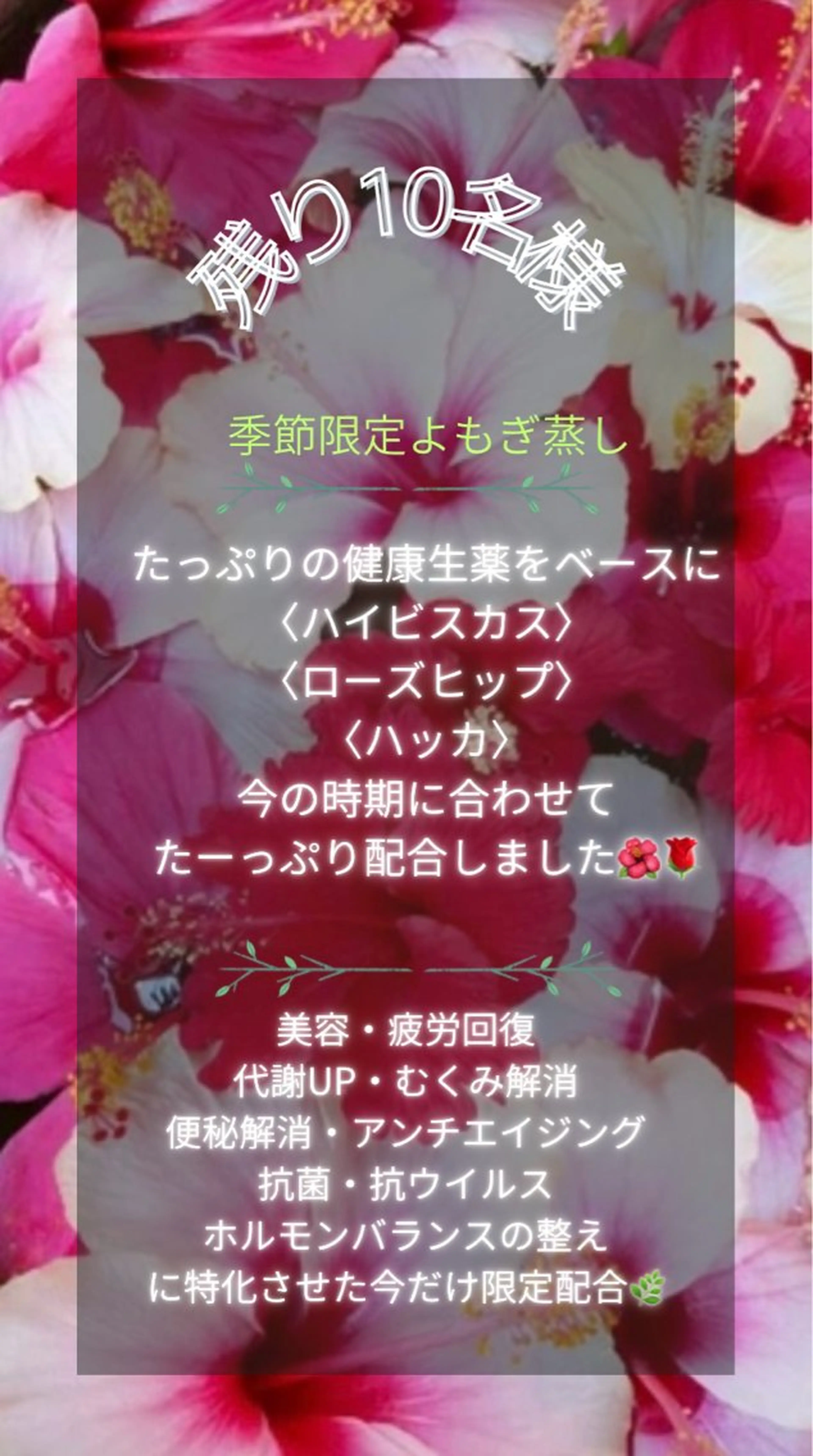 今の時期限定生薬よもぎ蒸し☆たっぷりの健康生薬に〈ハイビスカス〉〈ローズヒップ〉〈ハッカ〉もたっぷり配合しました✦ฺの写真