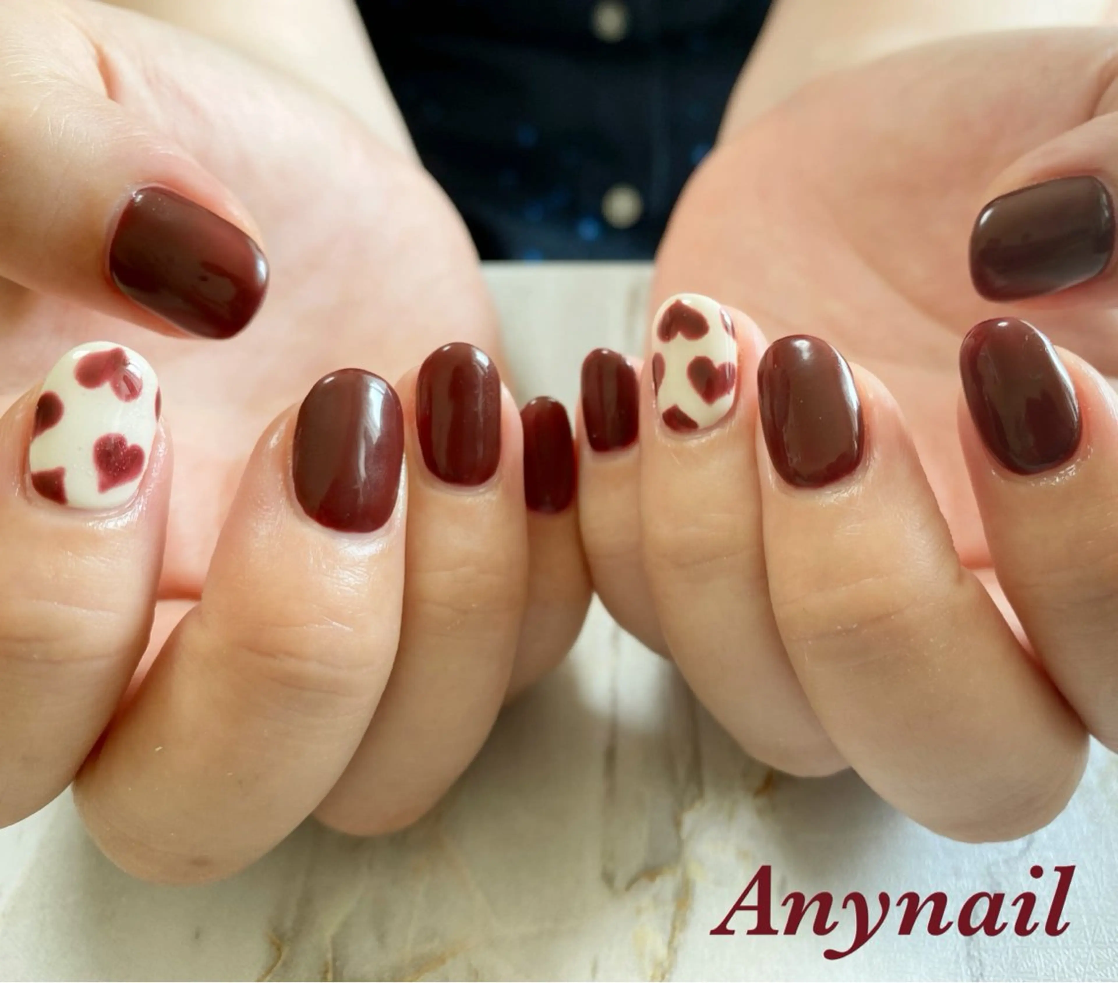 ネイル ブルー ボルドー ハート ワンカラーネイル 冬ネイル 岩澤 恵子のネイルデザイン