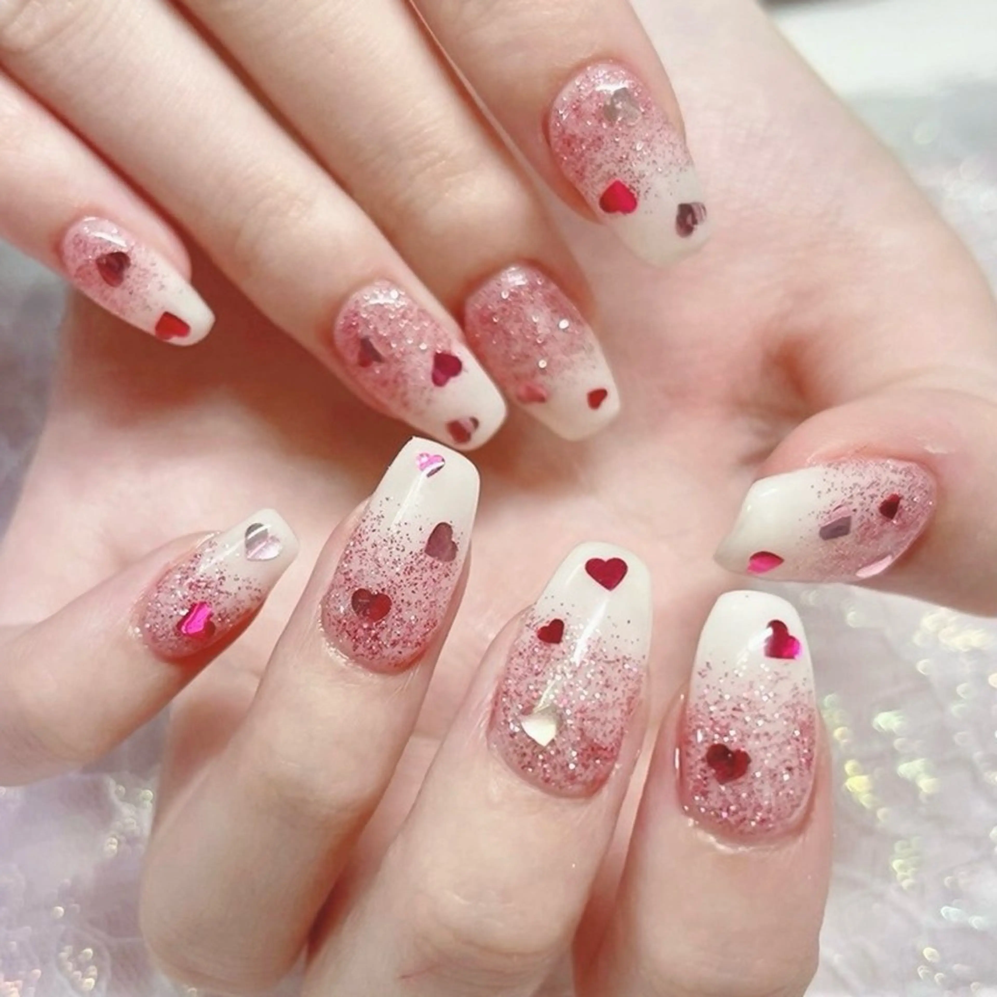 ネイル ハート ラメ(グリッター) ピンク ハンドネイル Nail lieNのネイルデザイン