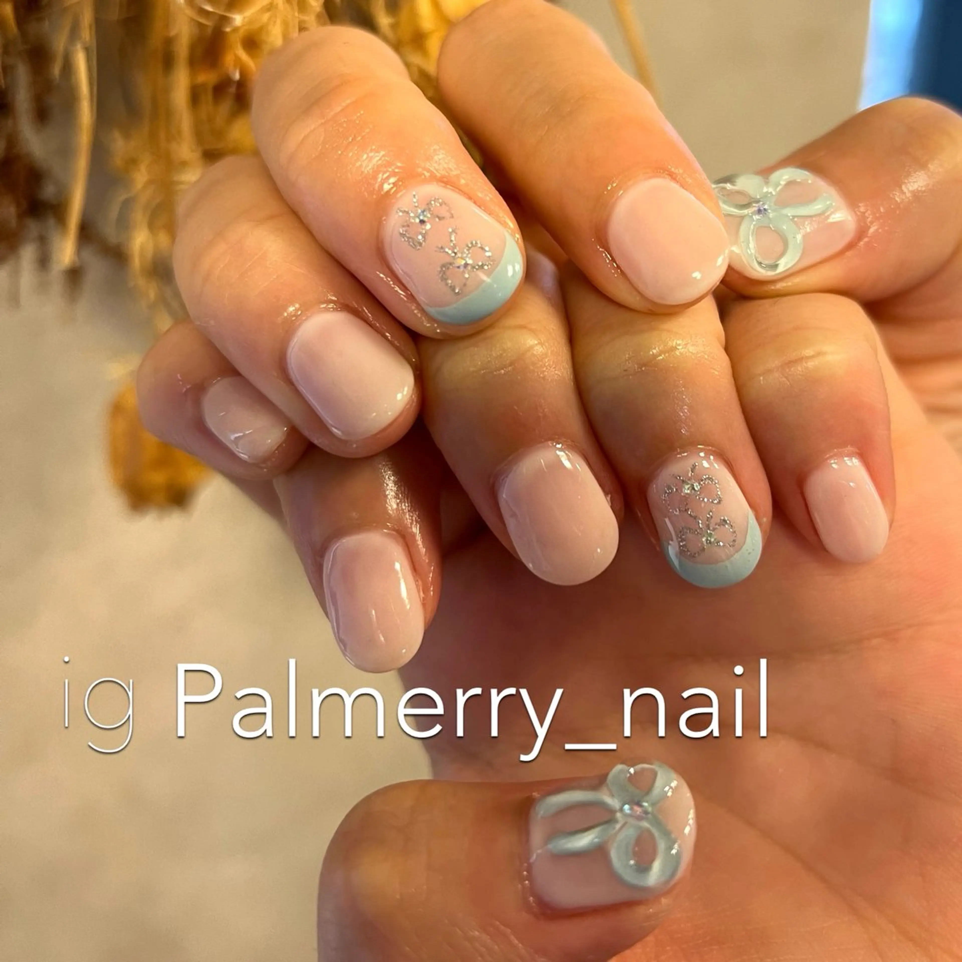 ネイル ブルー フレンチネイル リボン ハンドネイル palmerry nail所属・住吉 美香のネイルデザイン