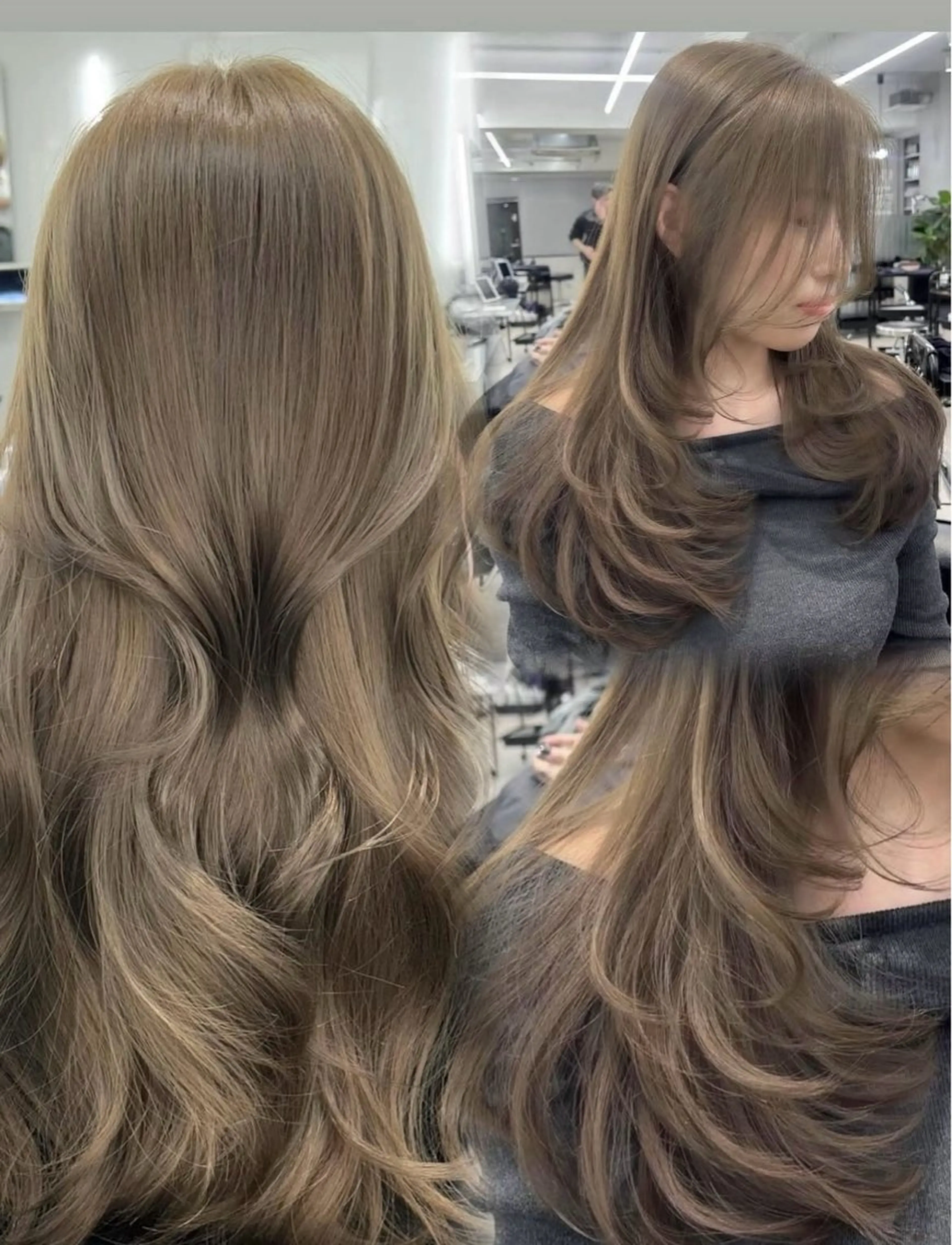 ロング カラー ベージュカラー ブリーチ グレージュ ミルクティーベージュ ヘアカラー 🌊海外ハイライト リタッチ/縮毛矯正のヘアスタイル