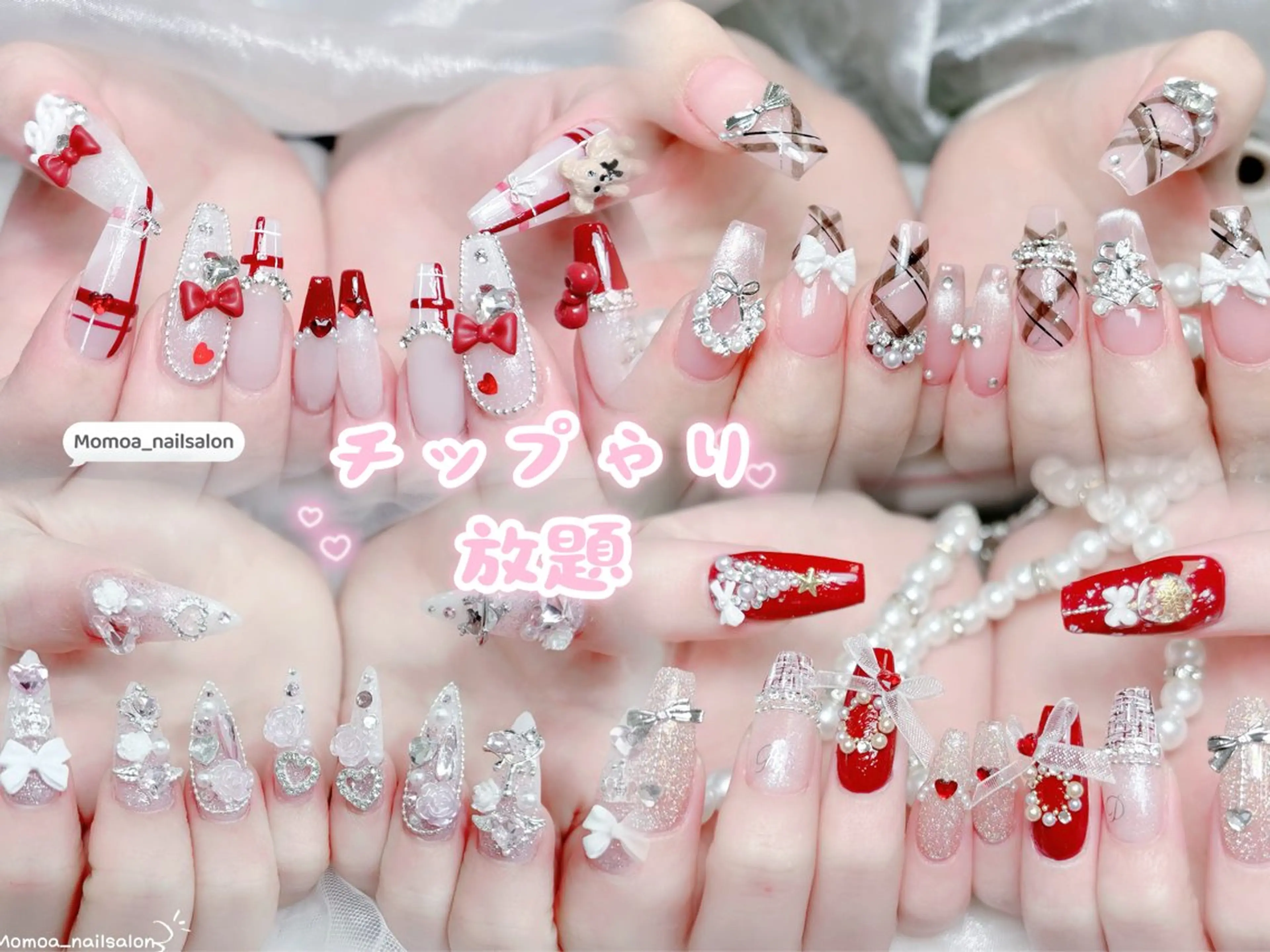 ネイル キラキラネイル 韓国ネイル スカルプネイル ハンドネイル MoMoA Nail ネイル長さ出し専門店のネイルデザイン