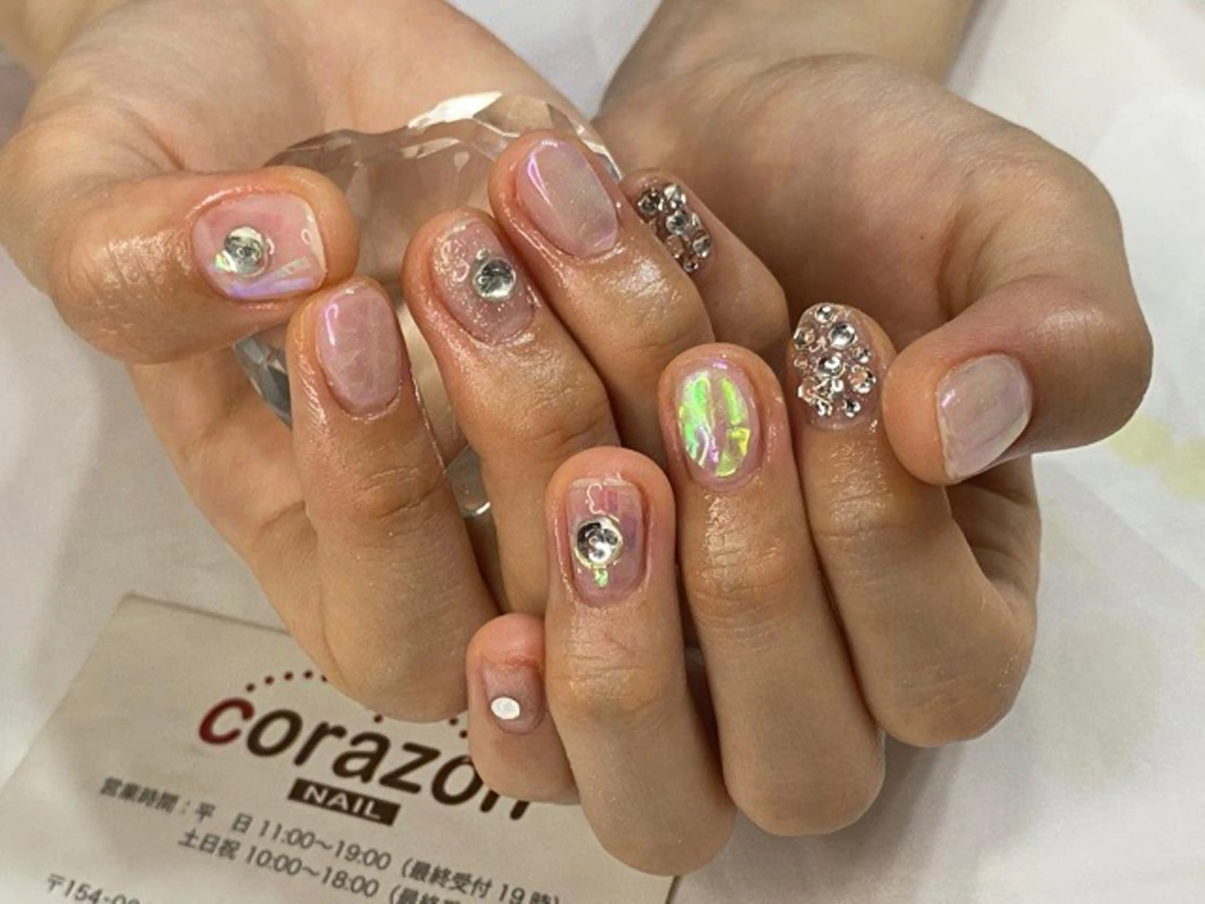 ネイル クリアネイル 氷ネイル・うるうるネイル ピンク ストーンネイル corazon所属・ネイリスト aicoのネイルデザイン