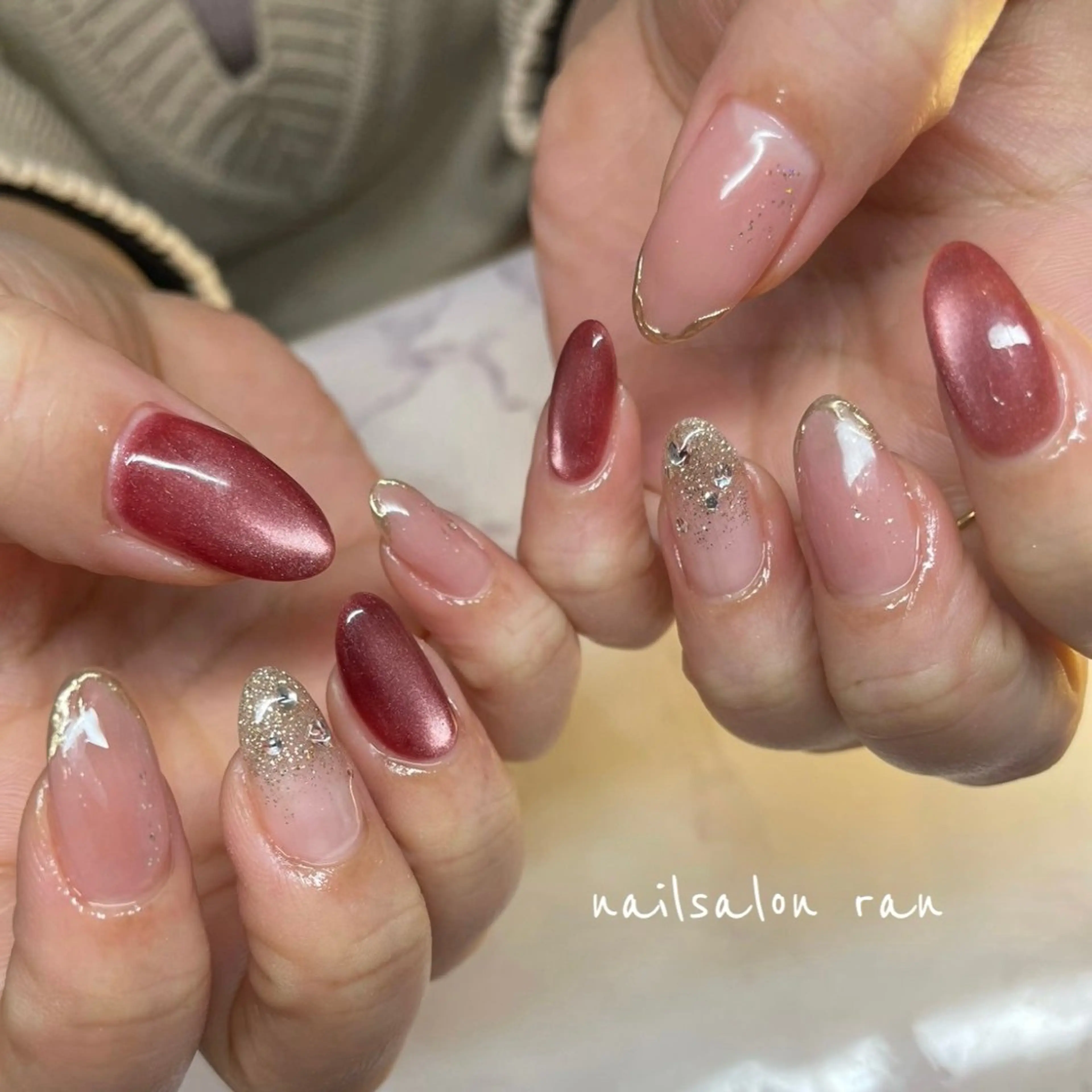 ネイル フレンチネイル マグネットネイル ミラーネイル 赤色 ハンドネイル ハンドケア nailsalon ranのネイルデザイン