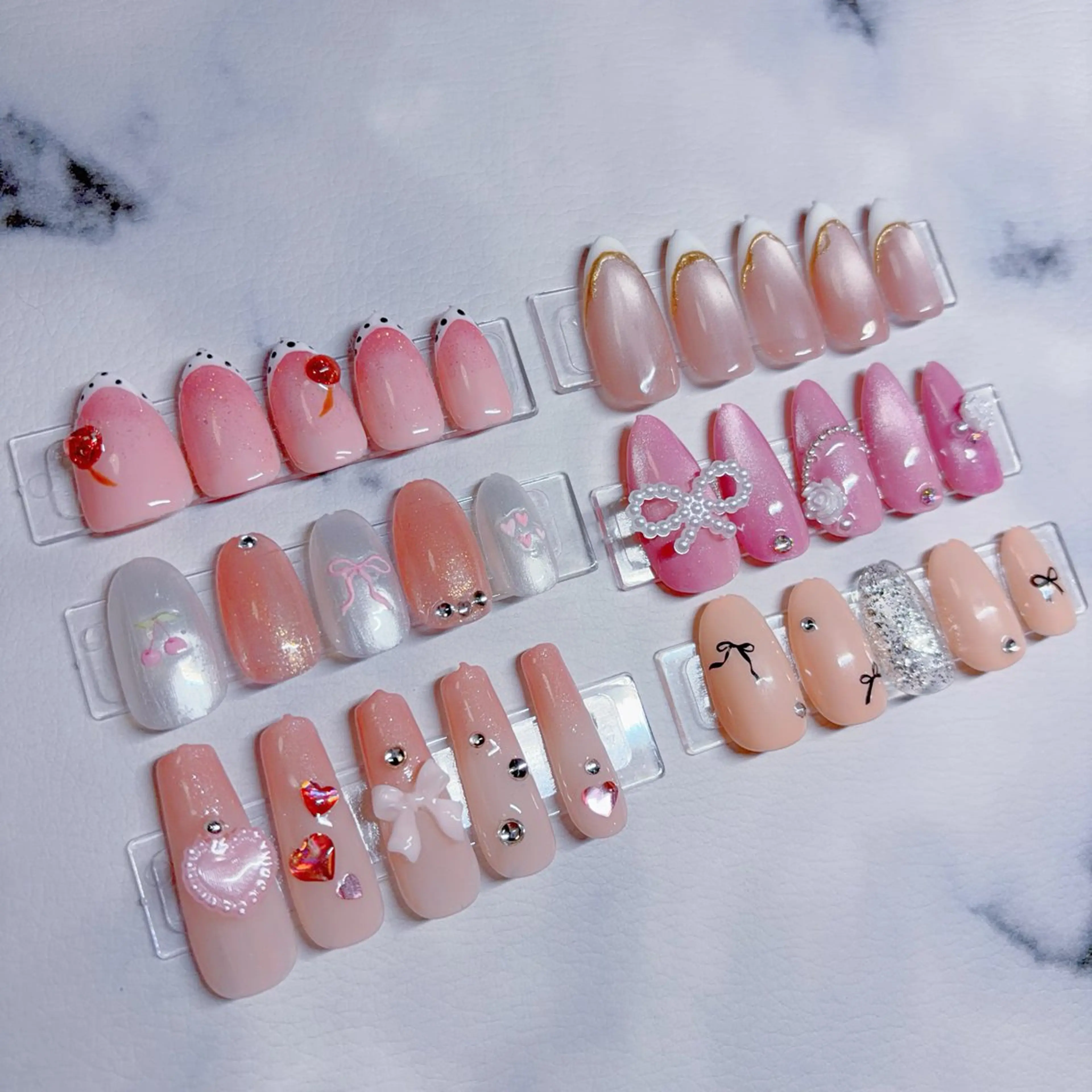 ネイル ハート ロングネイル リボン ストーンネイル ハンドネイル 覚王山/池下/名古屋 Nachan🌸のネイルデザイン