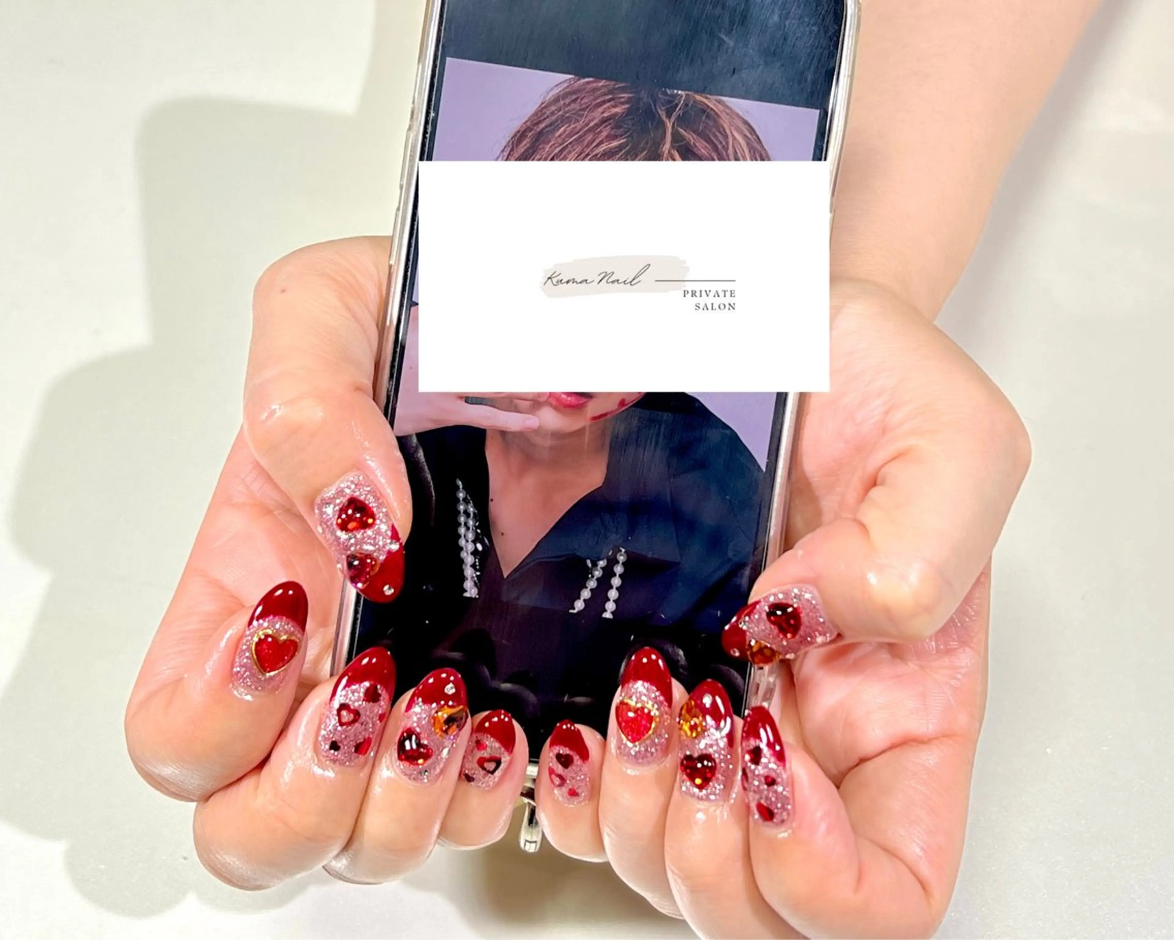 ネイル フレンチネイル ハート ラメ(グリッター) 赤色 藤が丘/守山/長久手 Kuma Nailのネイルデザイン