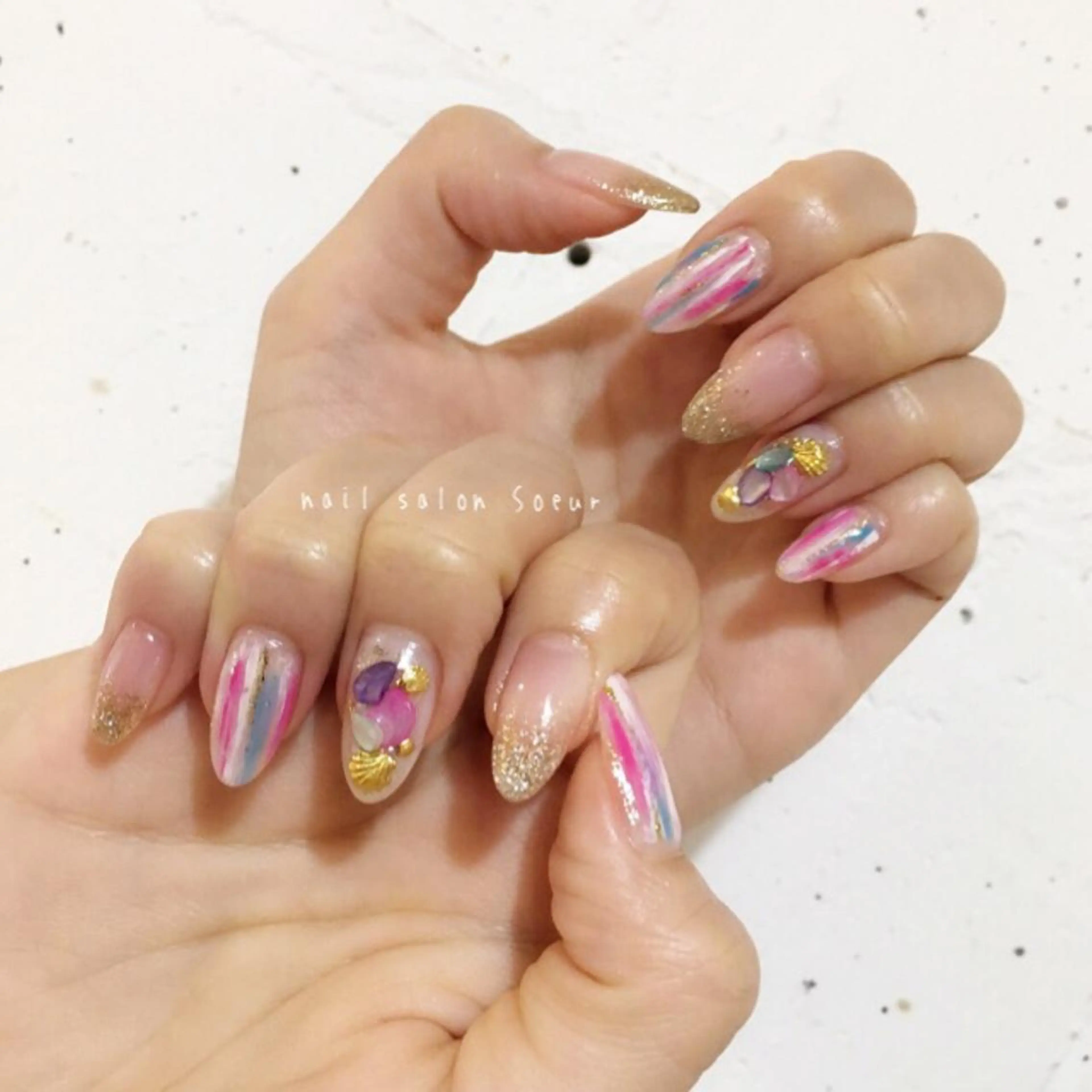 ネイル アートネイル ブルー ジェルネイル 持ち込み ピンク ハンドネイル nail salon Soeurのネイルデザイン
