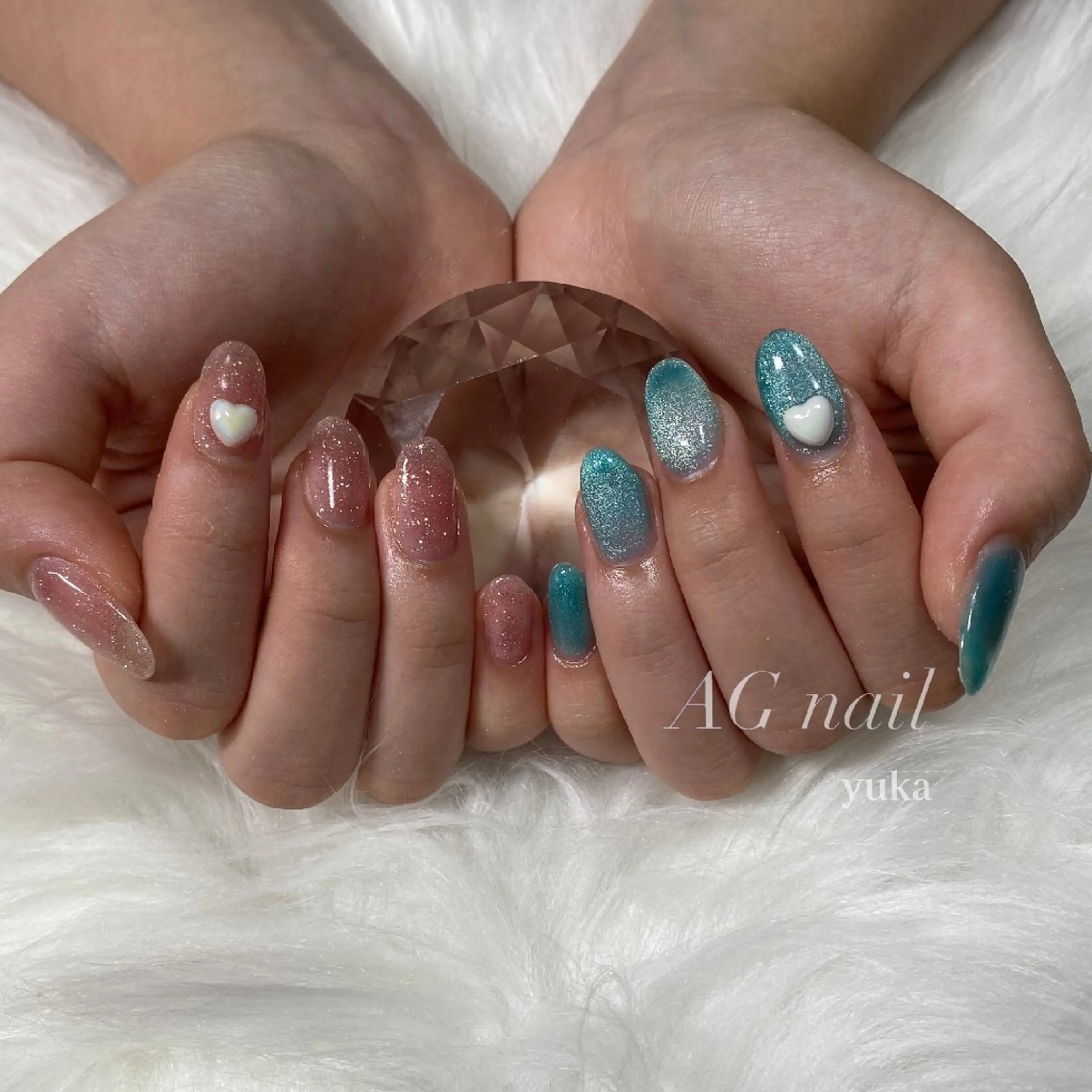 ネイル ブルー フラッシュネイル ハート マグネットネイル ピンク ハンドネイル AG nail 〚　yuka　〛のネイルデザイン
