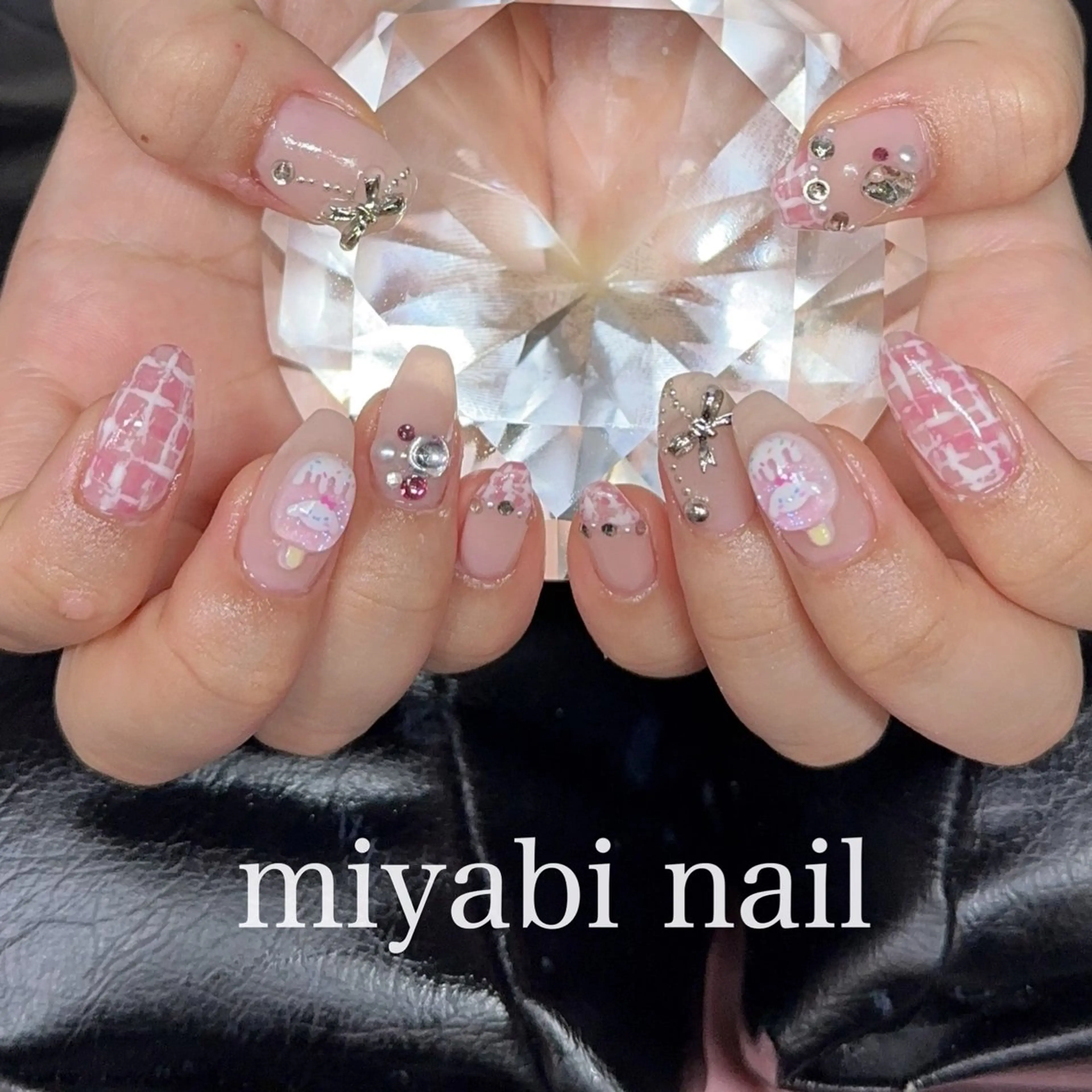 ネイル フレンチネイル キラキラネイル 持ち込み ピンク リボン ハンドネイル miyabi nail 桂川駅近くのネイルデザイン