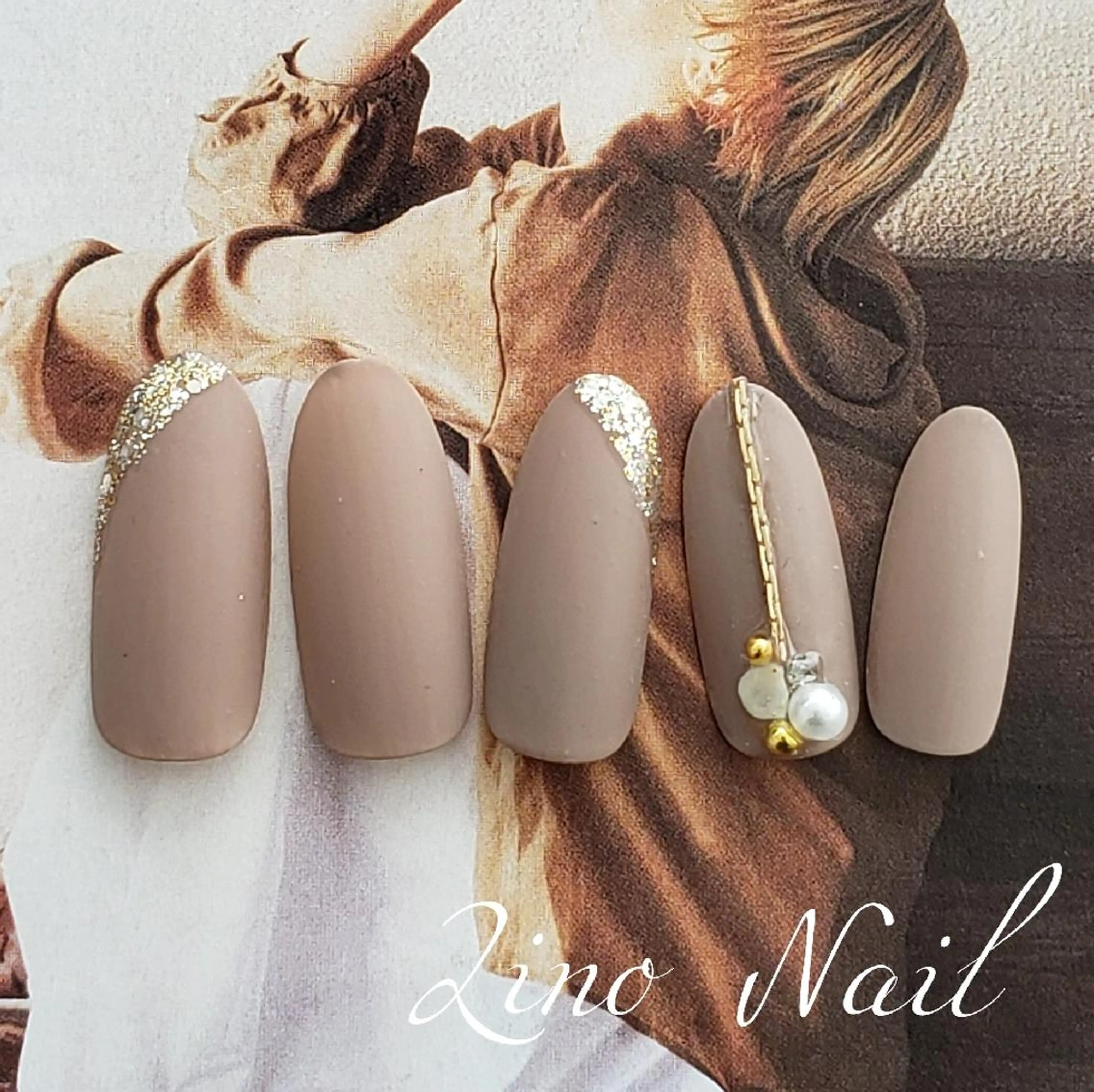 ネイル ブラウン カジュアル ジェルネイル キラキラネイル ラメ(グリッター) ハンドネイル Lino Nailのネイルデザイン