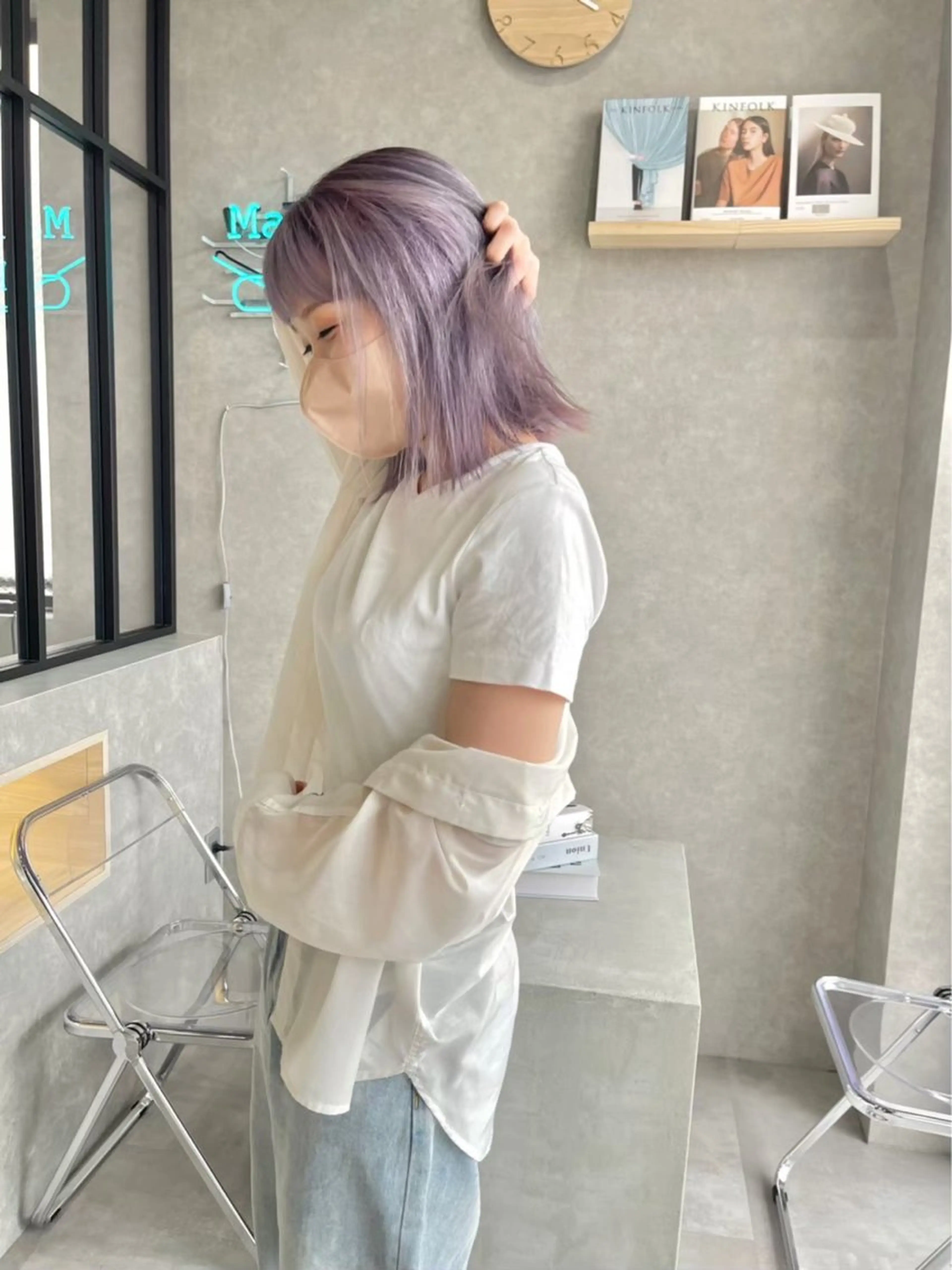 ミディアム カラー アッシュ ミストバング ベージュカラー ブリーチ デザインカラー 長谷川 湧のヘアスタイル