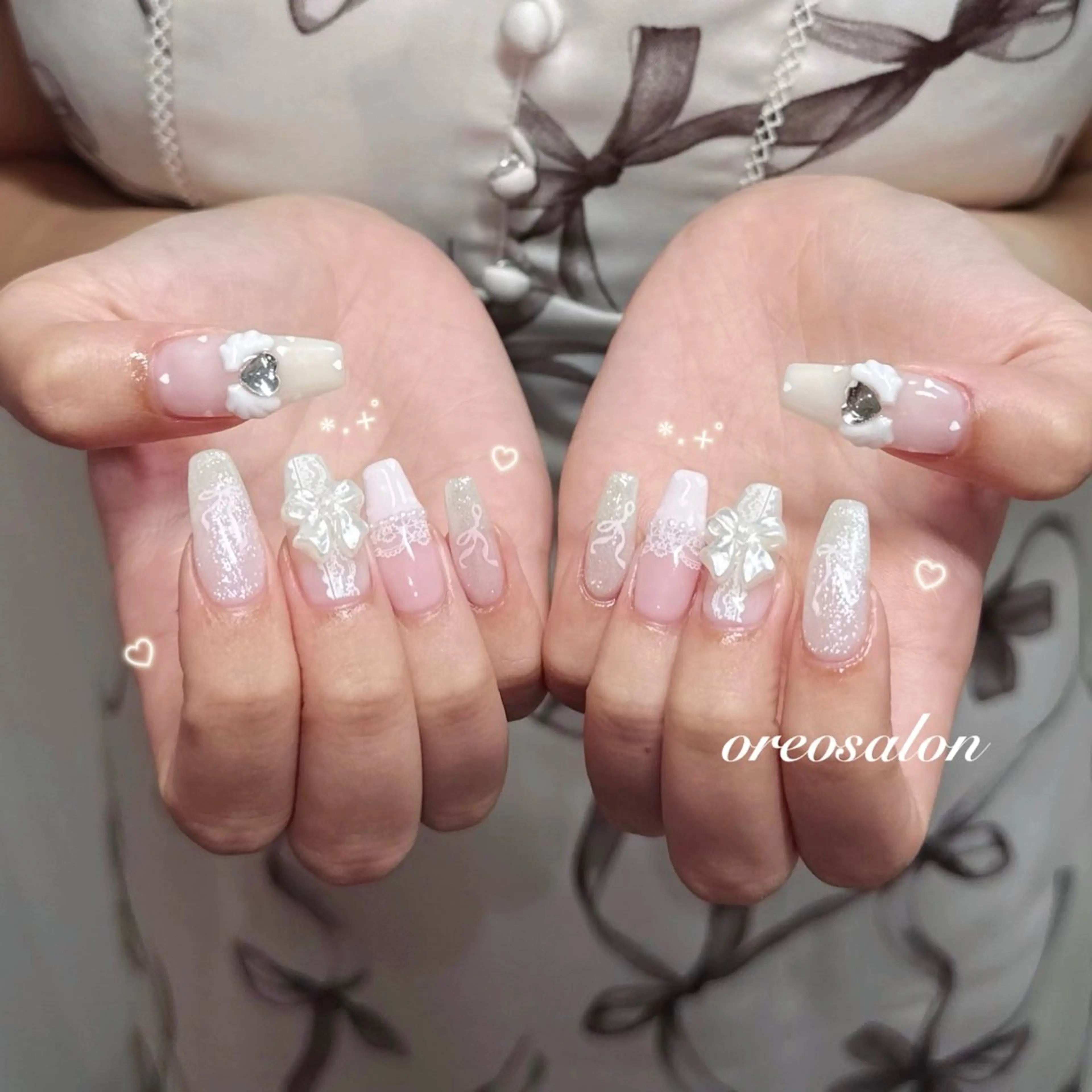 ネイル フラッシュネイル ジェルネイル ガーリー ハート キラキラネイル ハンドネイル oreo salon miyu 池袋のネイルデザイン