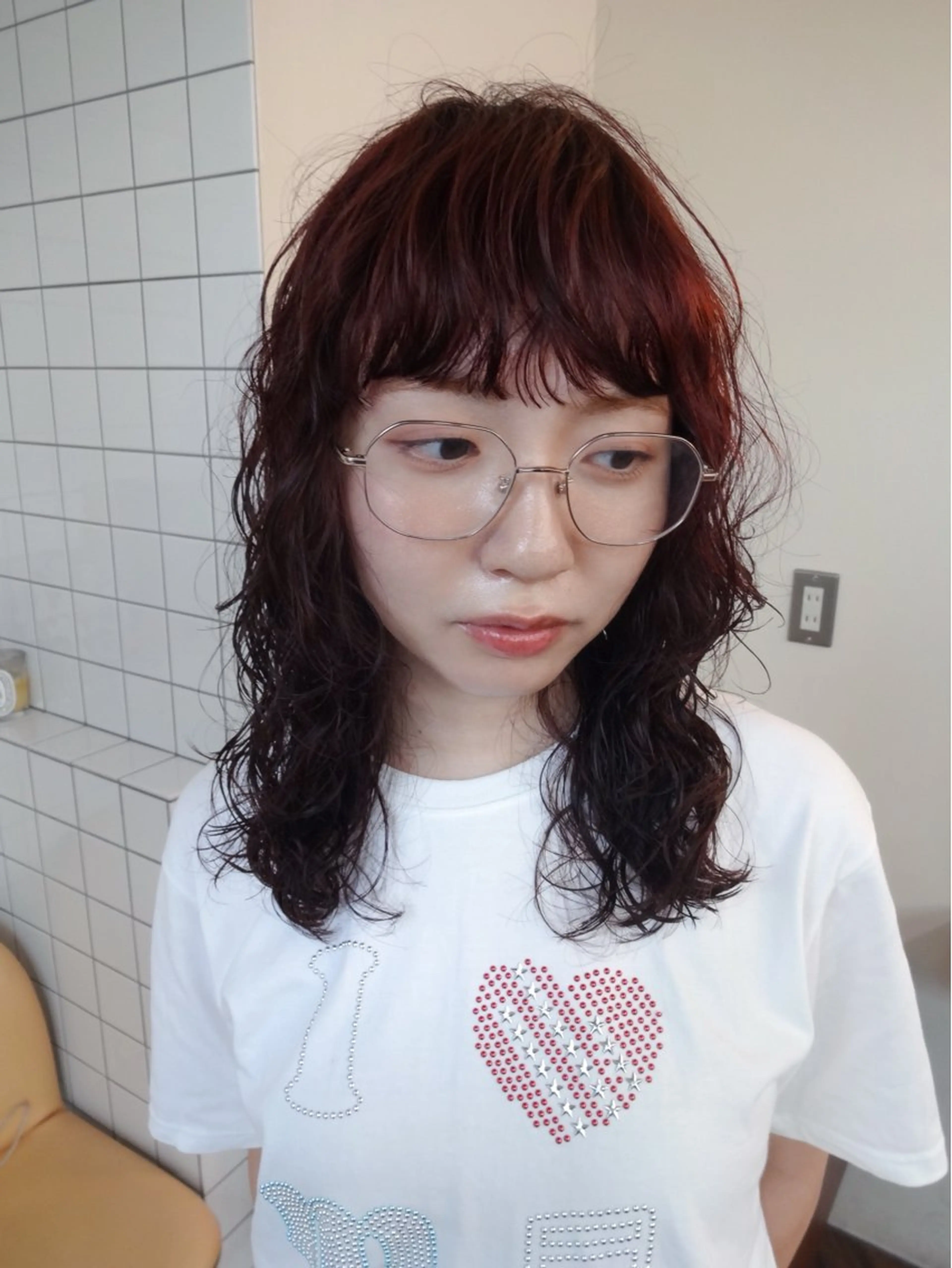 ミディアム カラー パーマ ミディアムパーマ カット ヘアカラー パーマ ボブパーマ/パーマ ウルフパーマのヘアスタイル