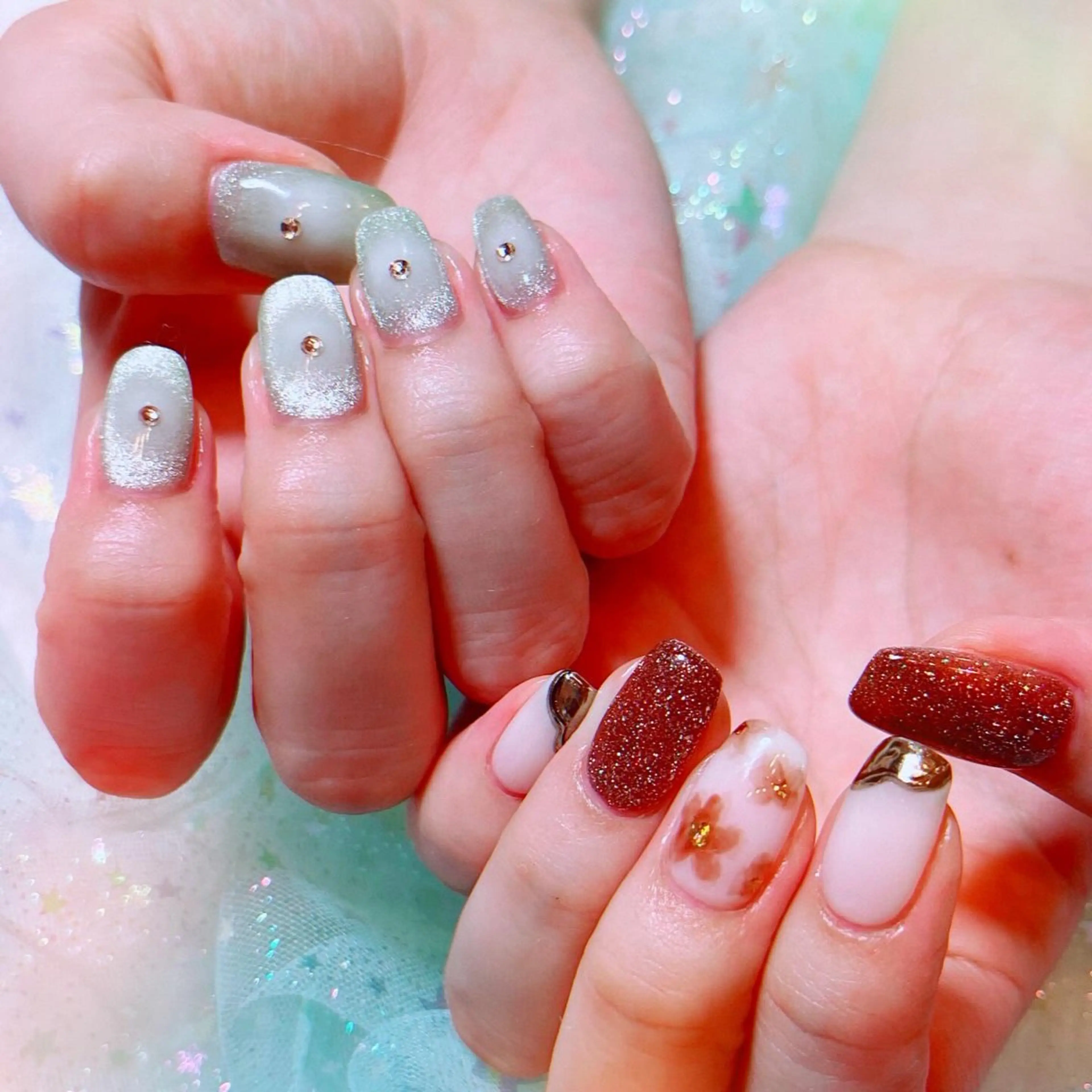 ネイル ブラウン グリーン マグネットネイル 春ネイル ruirui.naildesign所属・RUI ☆のネイルデザイン