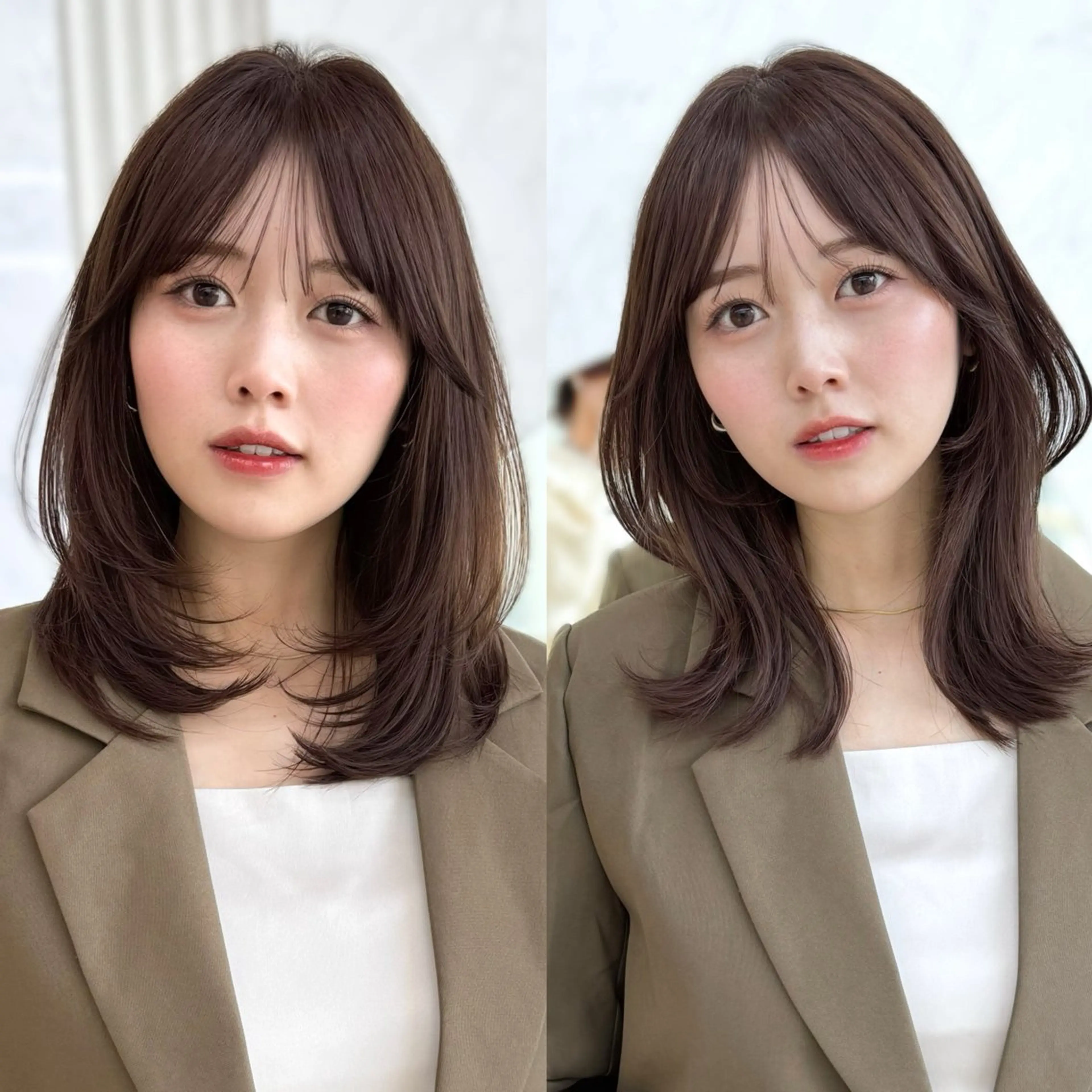 ミディアム カット ヘアカラー トリートメント レイヤーカット/ 顔まわり/アオイのヘアスタイル