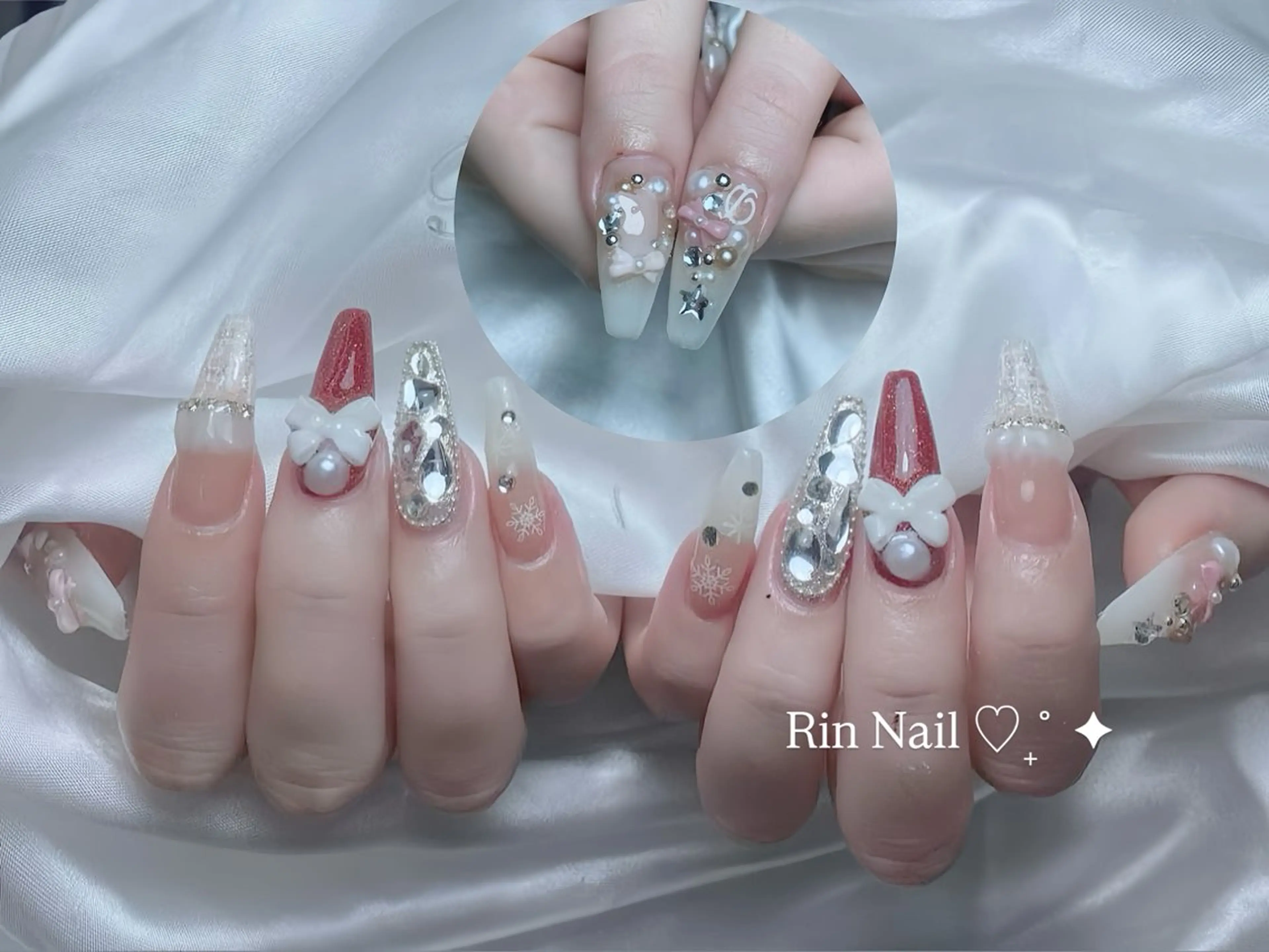 ネイル ボルドー フレンチネイル グラデーション キラキラネイル 韓国ネイル ハンドネイル Rin Nail 新大久保店のネイルデザイン