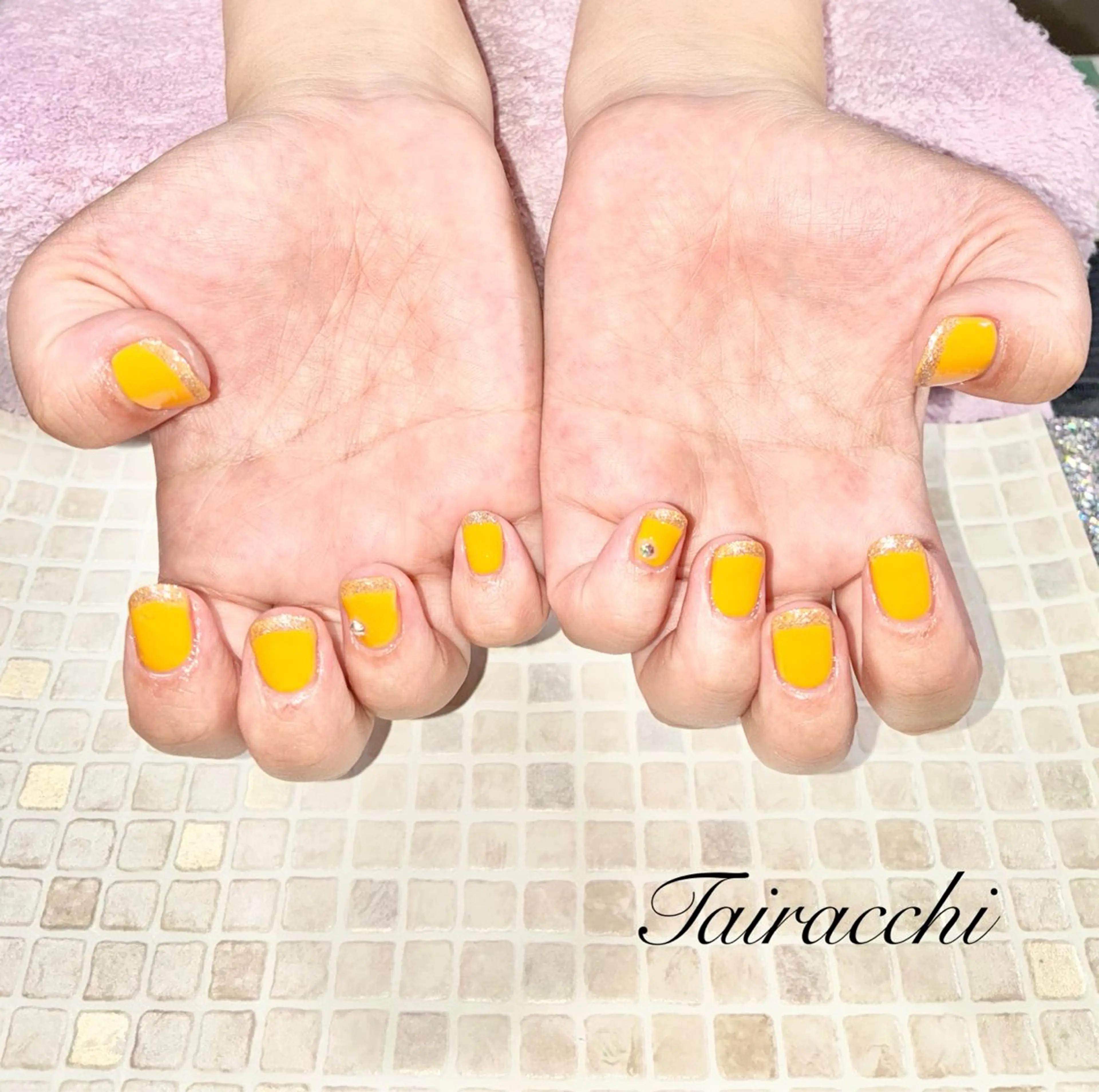 ネイル フレンチネイル ラメ(グリッター) オレンジ シルバー Tairacchi ﾀｲﾗｯﾁのネイルデザイン