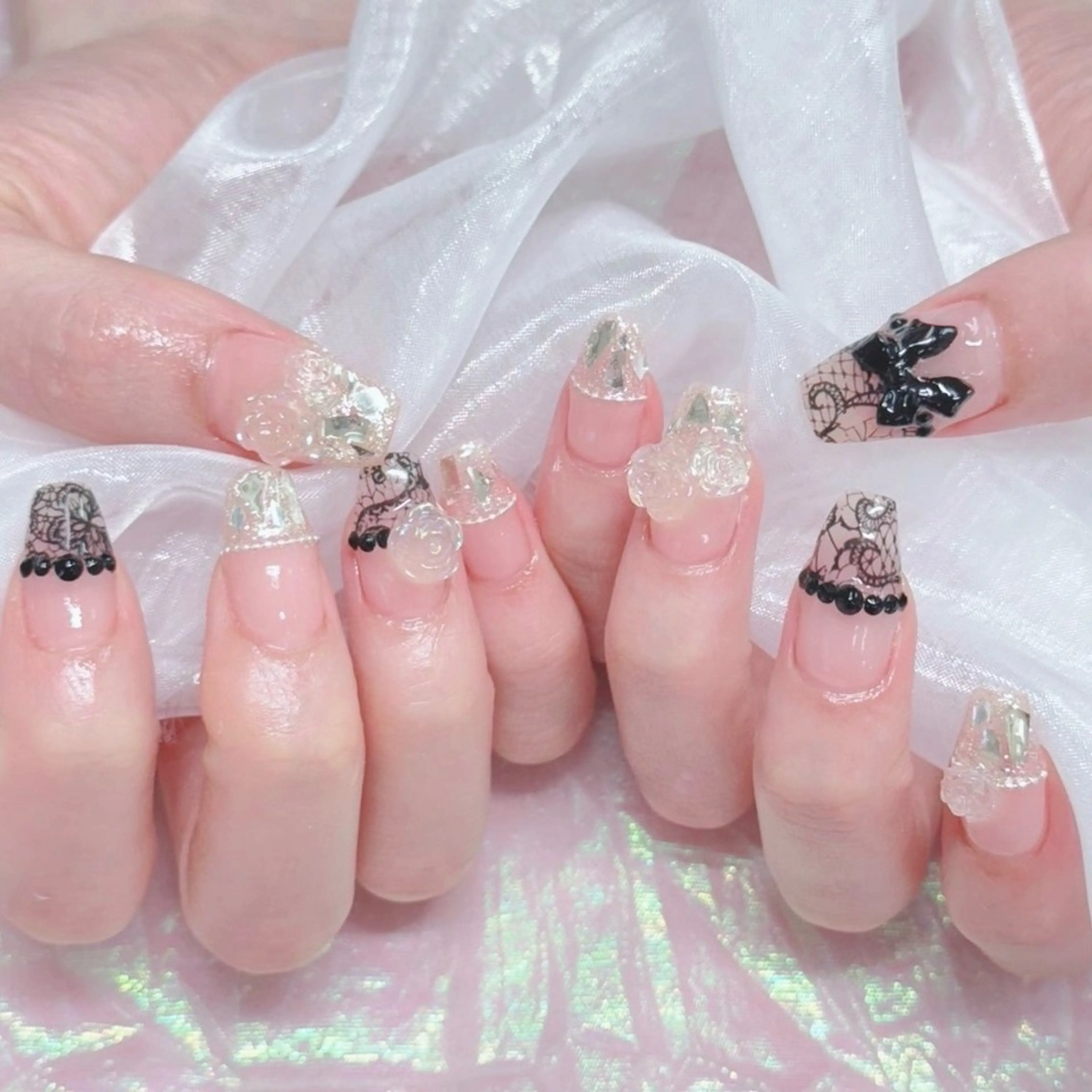 ネイル クリアネイル フラワーネイル ジェルネイル レース ハンドネイル Nail lieNのネイルデザイン