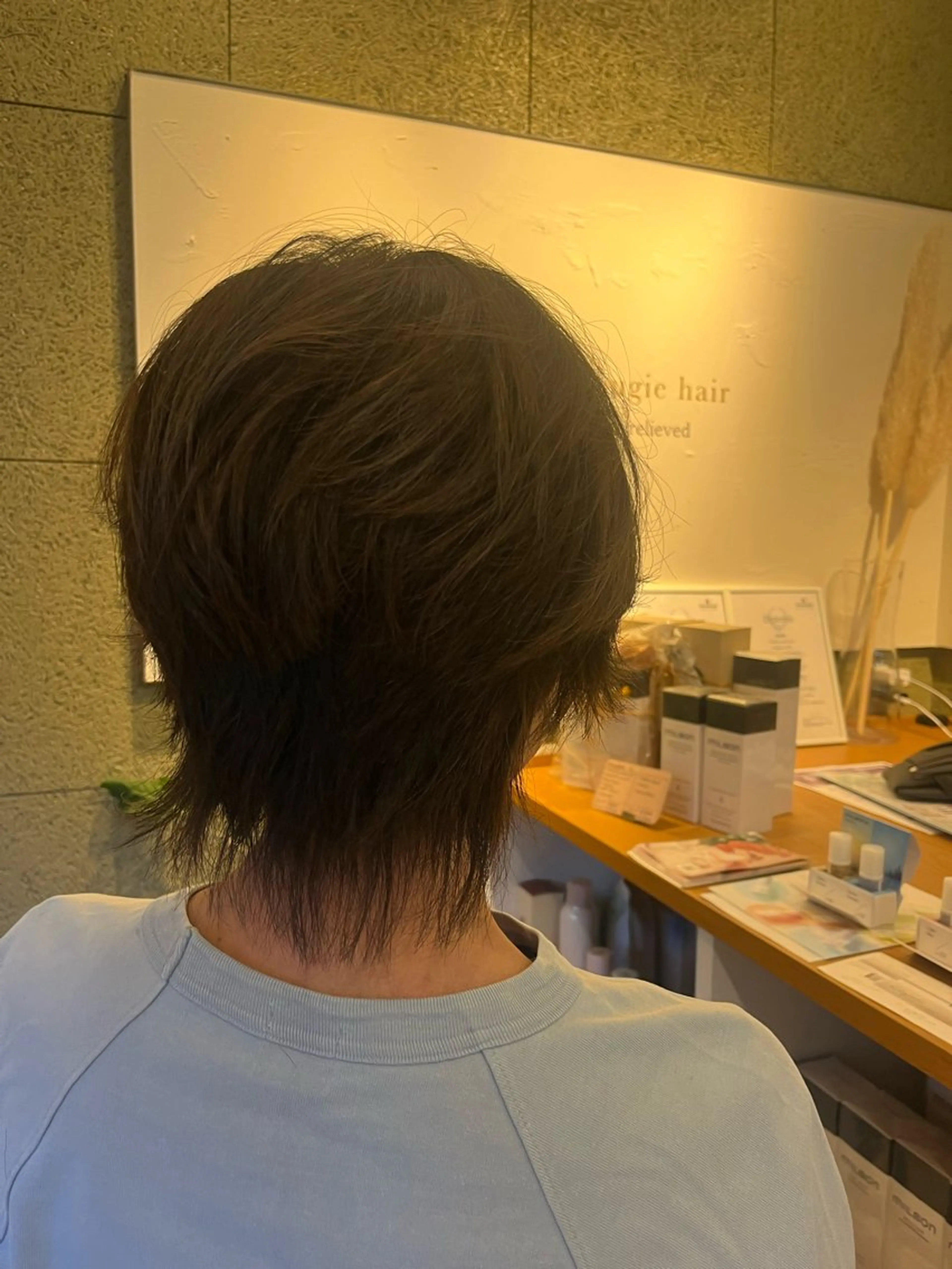 ミディアム レイヤーカット ウルフカット ウルフレイヤー カット ハラちゃんカット✂︎ ハイライトカラー🩵のヘアスタイル