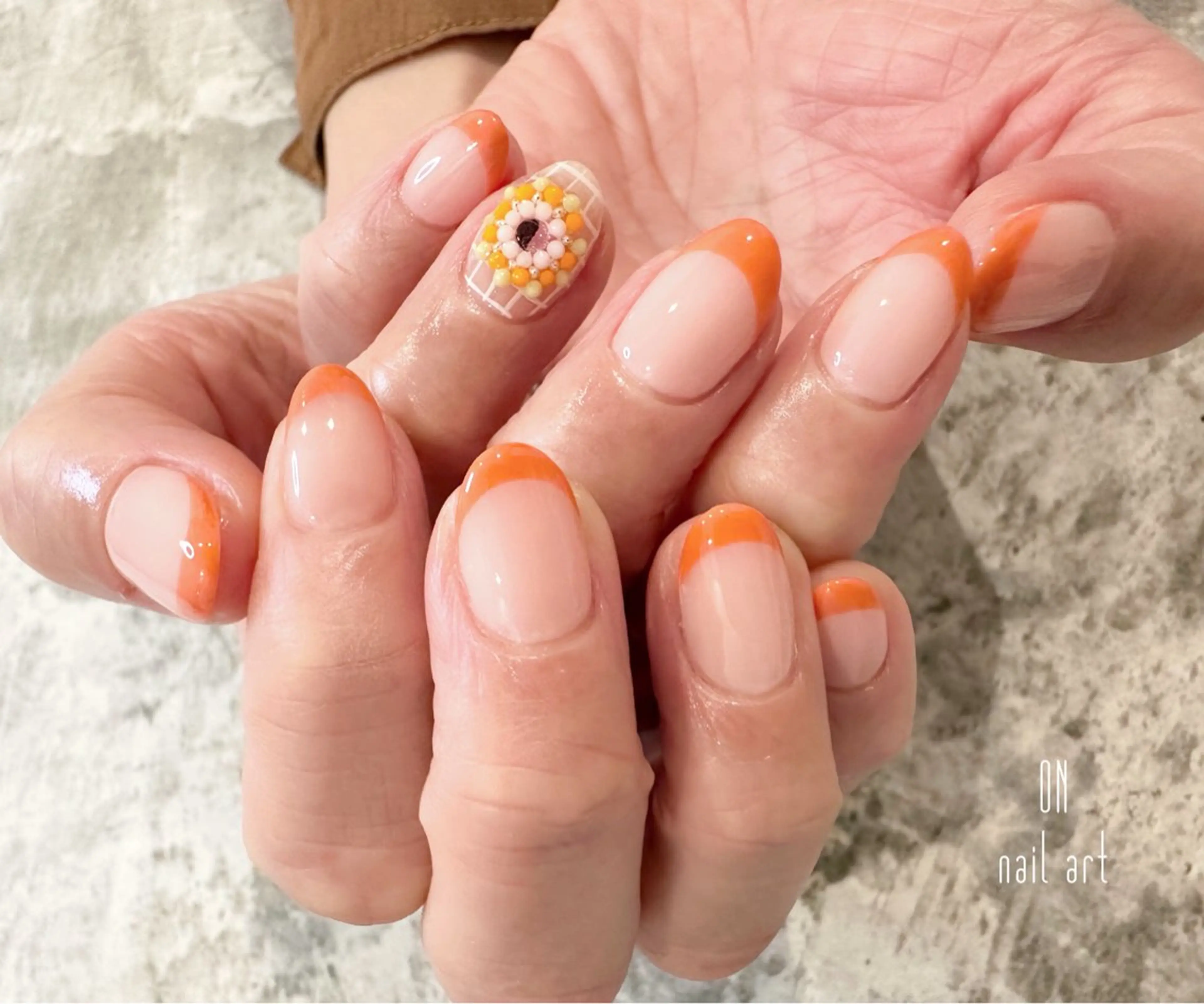 ネイル フレンチネイル オレンジ ピンク 春ネイル ON nail artのネイルデザイン