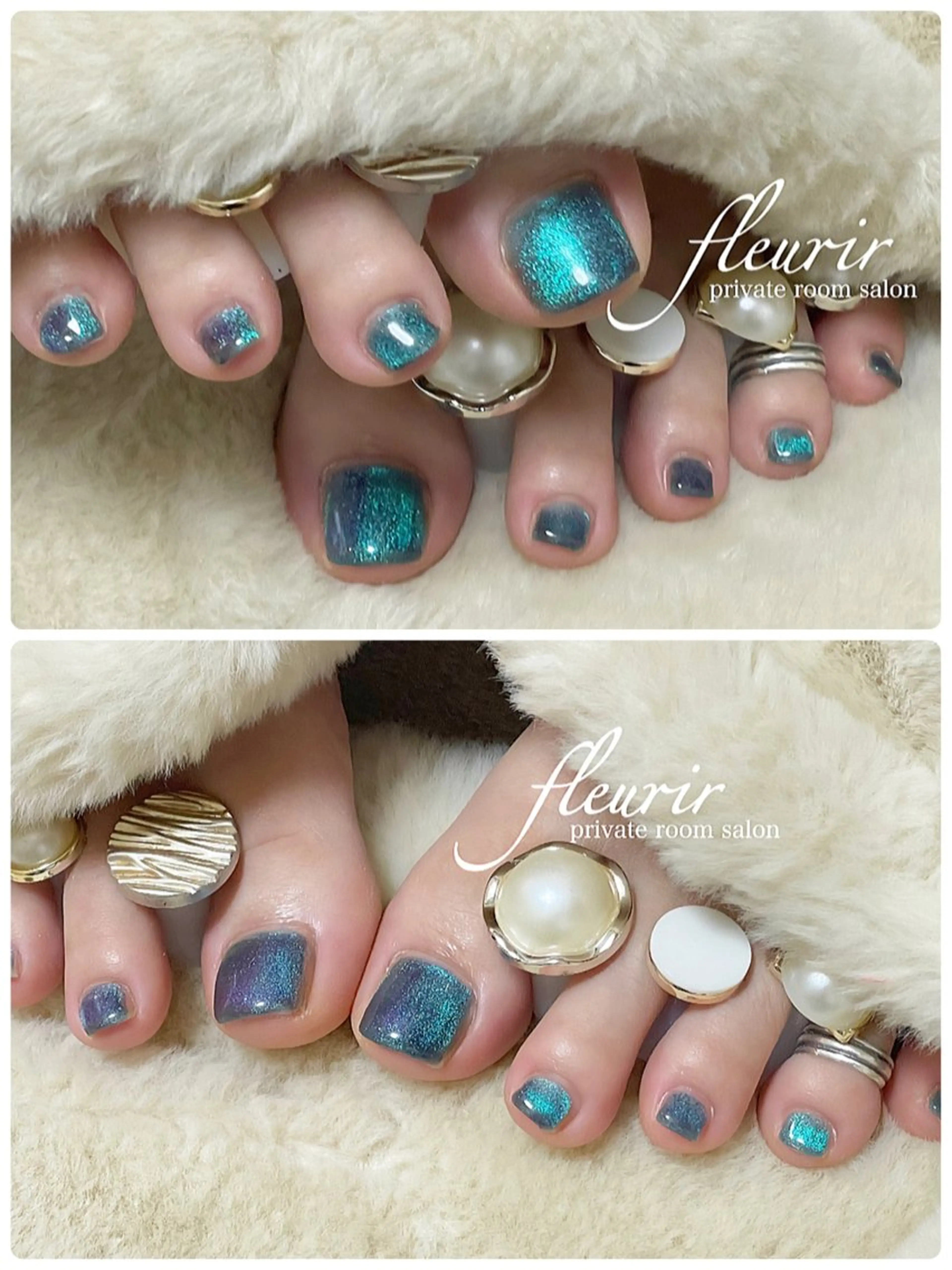 ネイル ブルー フットネイル グリーン マグネットネイル フルリール 【プライベートサロンのネイルデザイン