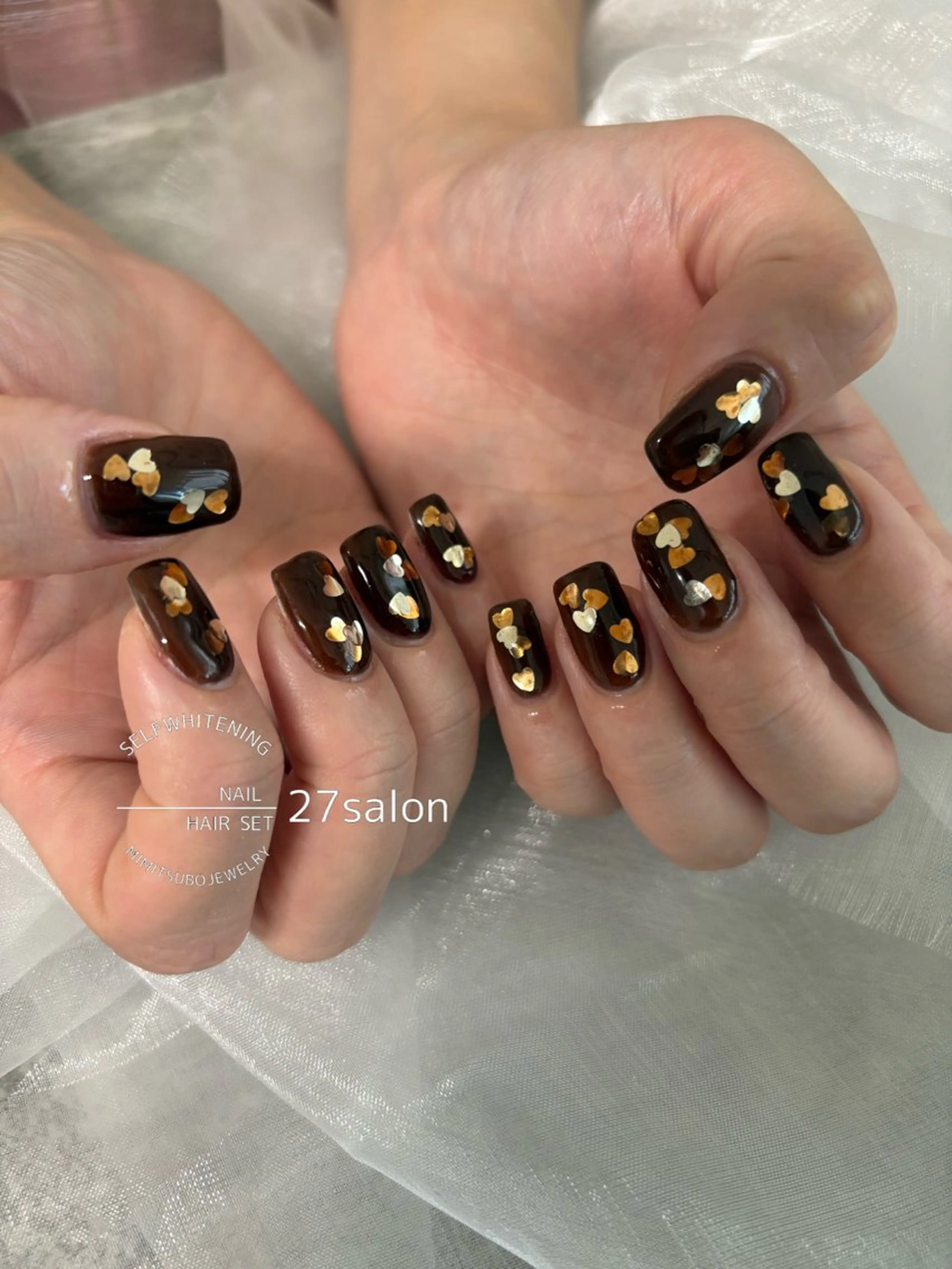 ネイル ブラウン ハート ハンドネイル 27salon yuinaのネイルデザイン