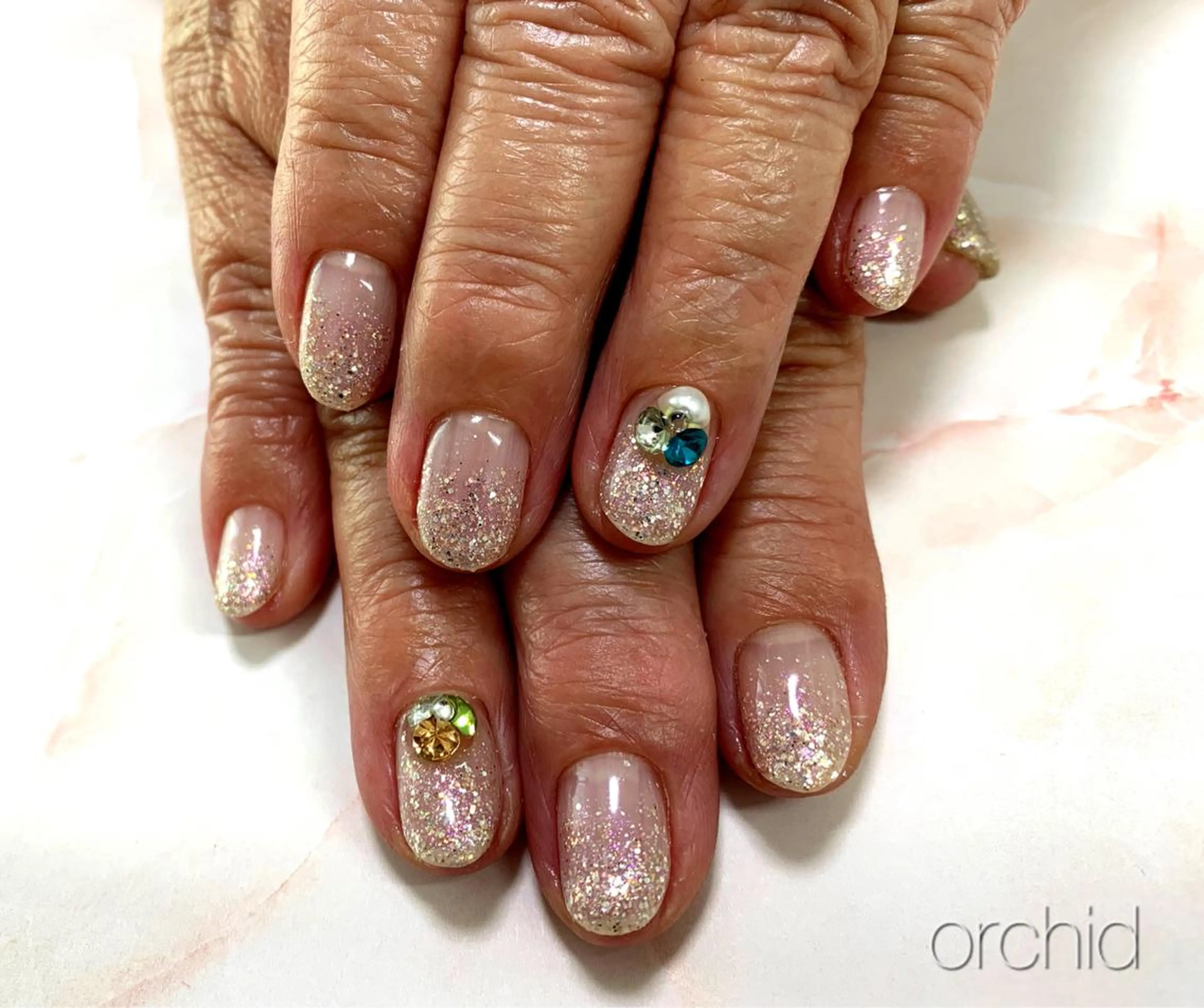 ネイル ラメ(グリッター) ストーンネイル orchid ♡オーキッドのネイルデザイン