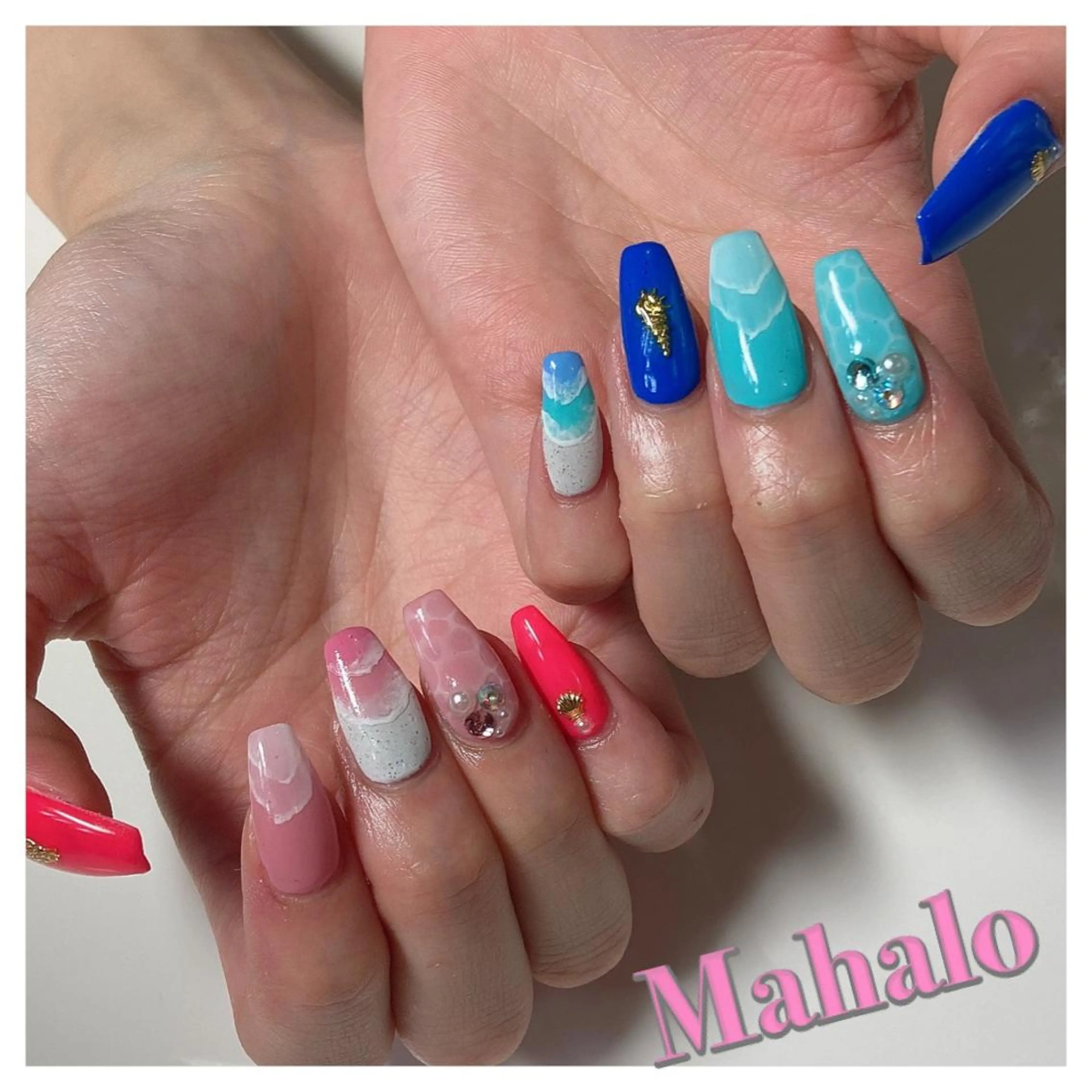 ネイル ブルー ジェルネイル ピンク 夏ネイル Nail Salon Mahaloのネイルデザイン